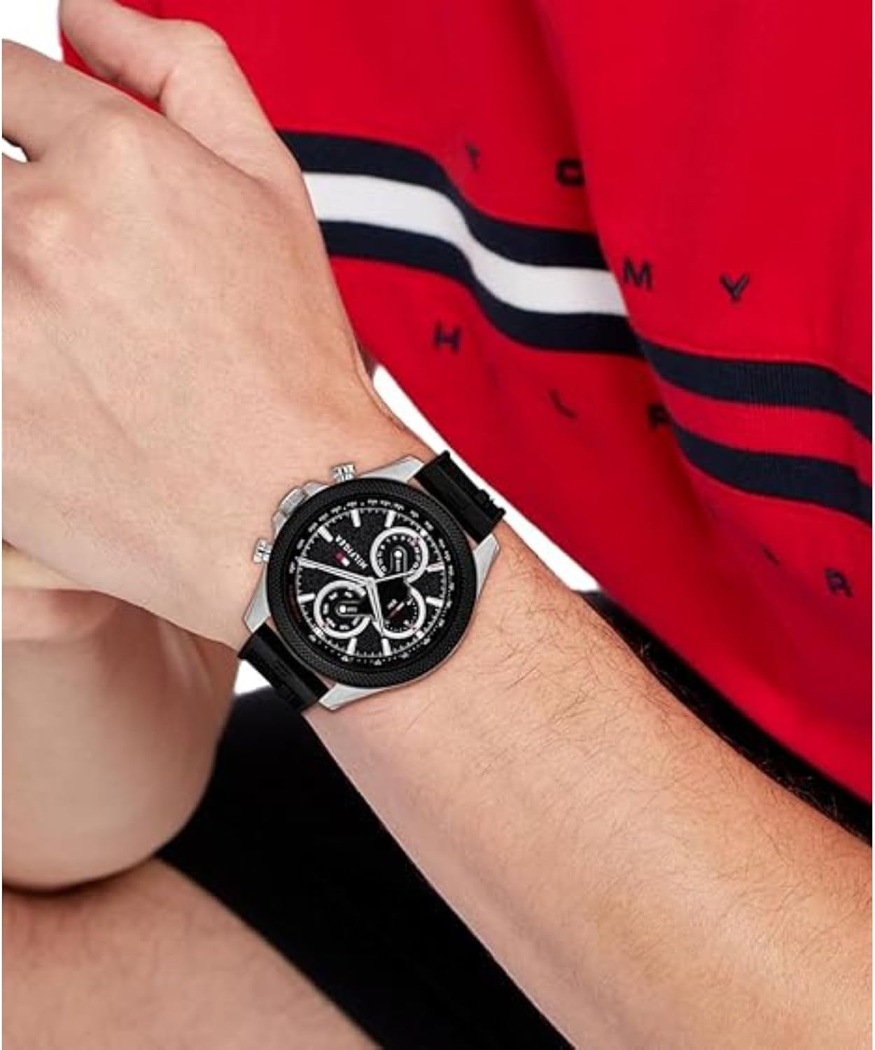 Tommy Hilfiger Men's Multifunction Quartz Watch – 46mm Stainless Steel Case, Racing-Inspired Design, 5 ATM Water Resistant, Elegant Modern Timepiece, Gift for Him Black-Silver