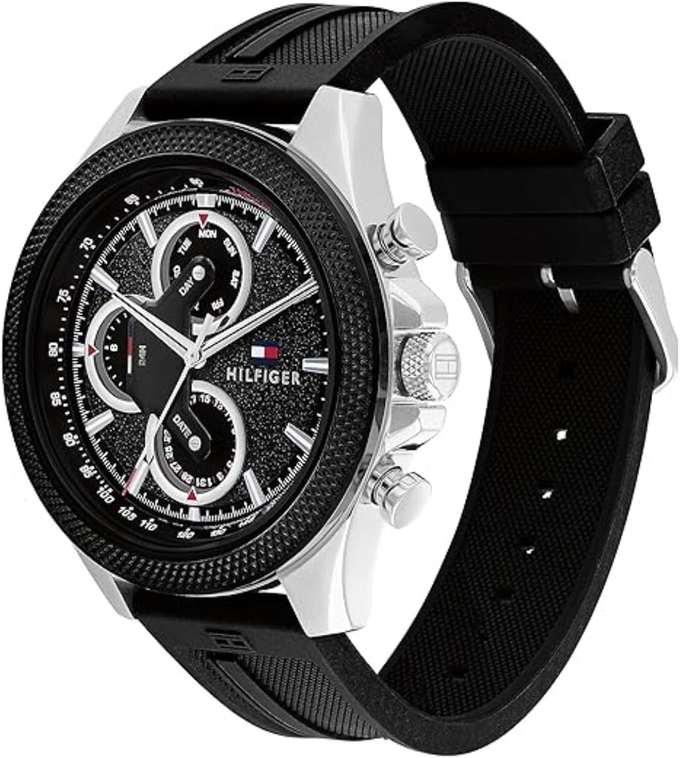 Tommy Hilfiger Men's Multifunction Quartz Watch – 46mm Stainless Steel Case, Racing-Inspired Design, 5 ATM Water Resistant, Elegant Modern Timepiece, Gift for Him Black-Silver