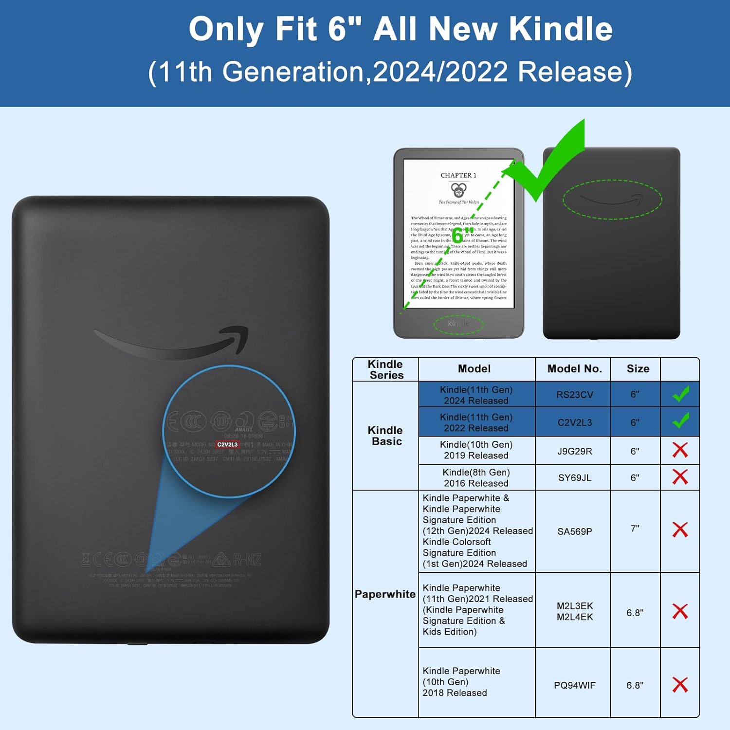 TQQ Case Compatible with 6 Inch New Kindle 11th Generation 2024/2022, Slim and Lightweight Design - Classic Transparent Transparent