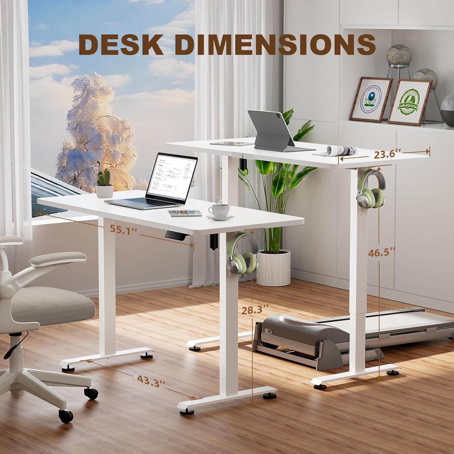 Veken 55 Inch Large Electric Standing Desk,Sit to Stand Up, Heights Adjustable, Work Home Office Computer Table for Study, Walking Pad, Writing, and Games, Wooden Desktop Desks, White 55×23.6×46.5 Inch White