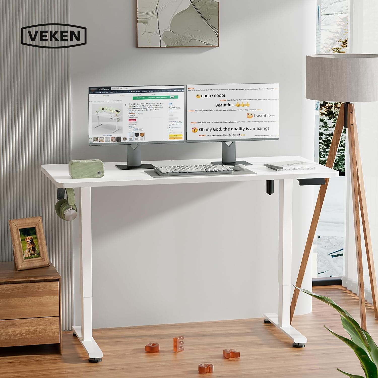 Veken 55 Inch Large Electric Standing Desk,Sit to Stand Up, Heights Adjustable, Work Home Office Computer Table for Study, Walking Pad, Writing, and Games, Wooden Desktop Desks, White 55×23.6×46.5 Inch White