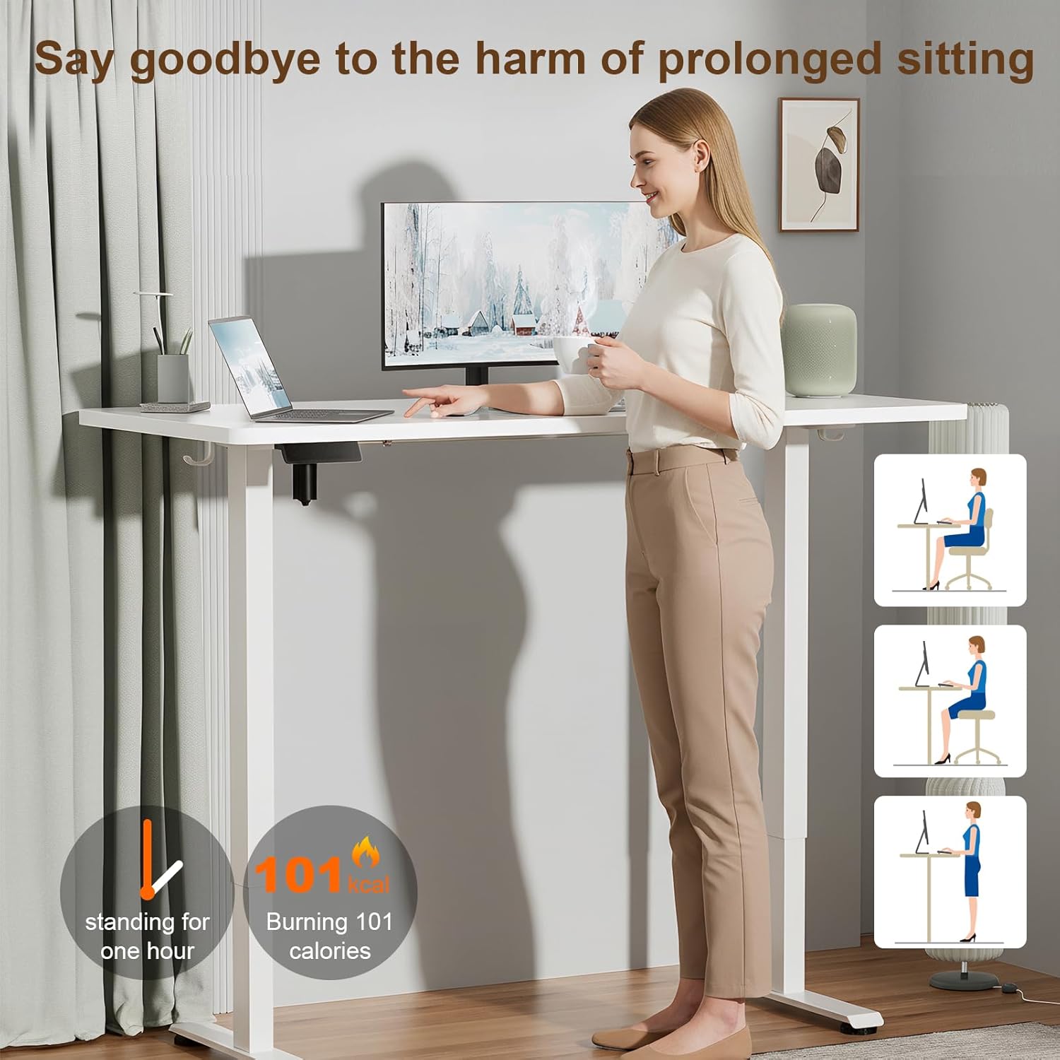 Veken 55 Inch Large Electric Standing Desk,Sit to Stand Up, Heights Adjustable, Work Home Office Computer Table for Study, Walking Pad, Writing, and Games, Wooden Desktop Desks, White 55×23.6×46.5 Inch White