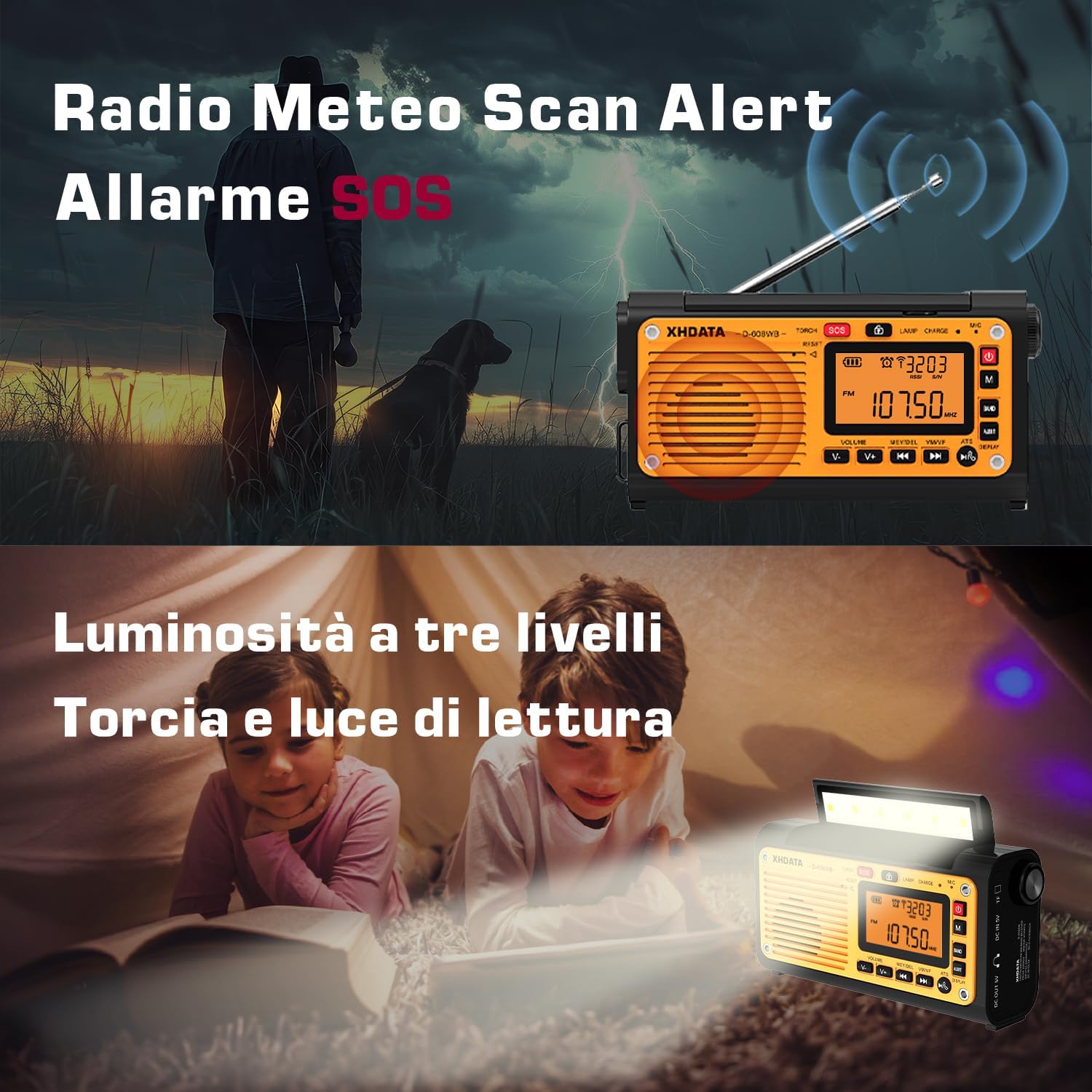 XHDATA D-608WB FM/Am/SW Shortwave Radio, Solar Hand Crank, Emergency Rechargeable Battery, SOS Alarm Clock Radio, Bluetooth MP3 Player, Flashlight, Reading Lamp for Camping