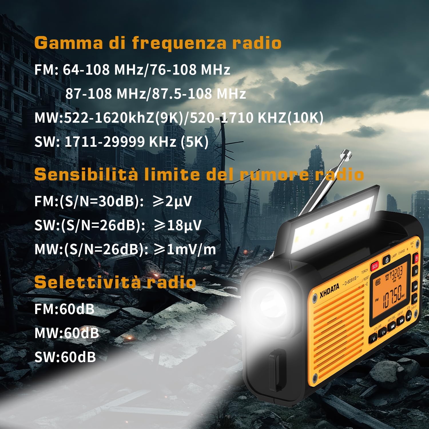 XHDATA D-608WB FM/Am/SW Shortwave Radio, Solar Hand Crank, Emergency Rechargeable Battery, SOS Alarm Clock Radio, Bluetooth MP3 Player, Flashlight, Reading Lamp for Camping