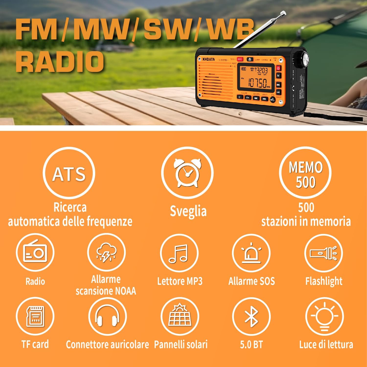 XHDATA D-608WB FM/Am/SW Shortwave Radio, Solar Hand Crank, Emergency Rechargeable Battery, SOS Alarm Clock Radio, Bluetooth MP3 Player, Flashlight, Reading Lamp for Camping
