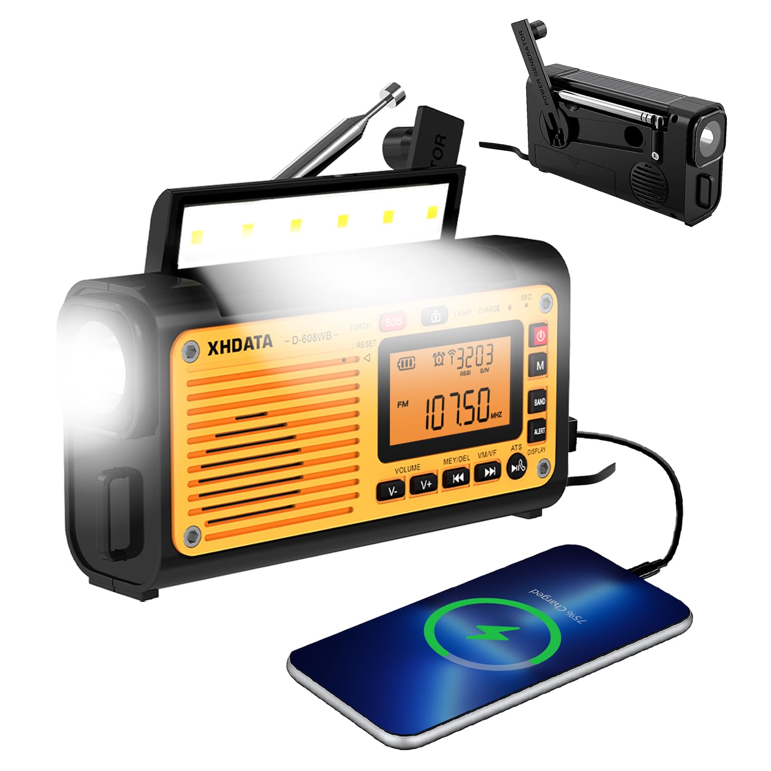 XHDATA D-608WB FM/Am/SW Shortwave Radio, Solar Hand Crank, Emergency Rechargeable Battery, SOS Alarm Clock Radio, Bluetooth MP3 Player, Flashlight, Reading Lamp for Camping