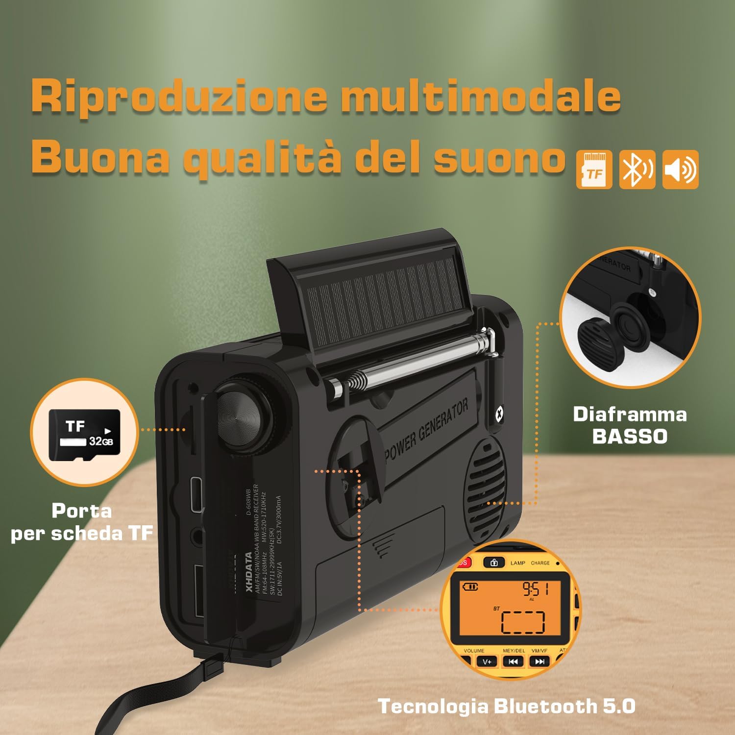 XHDATA D-608WB FM/Am/SW Shortwave Radio, Solar Hand Crank, Emergency Rechargeable Battery, SOS Alarm Clock Radio, Bluetooth MP3 Player, Flashlight, Reading Lamp for Camping