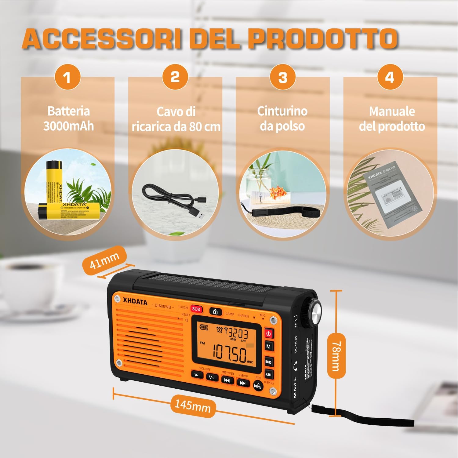 XHDATA D-608WB FM/Am/SW Shortwave Radio, Solar Hand Crank, Emergency Rechargeable Battery, SOS Alarm Clock Radio, Bluetooth MP3 Player, Flashlight, Reading Lamp for Camping