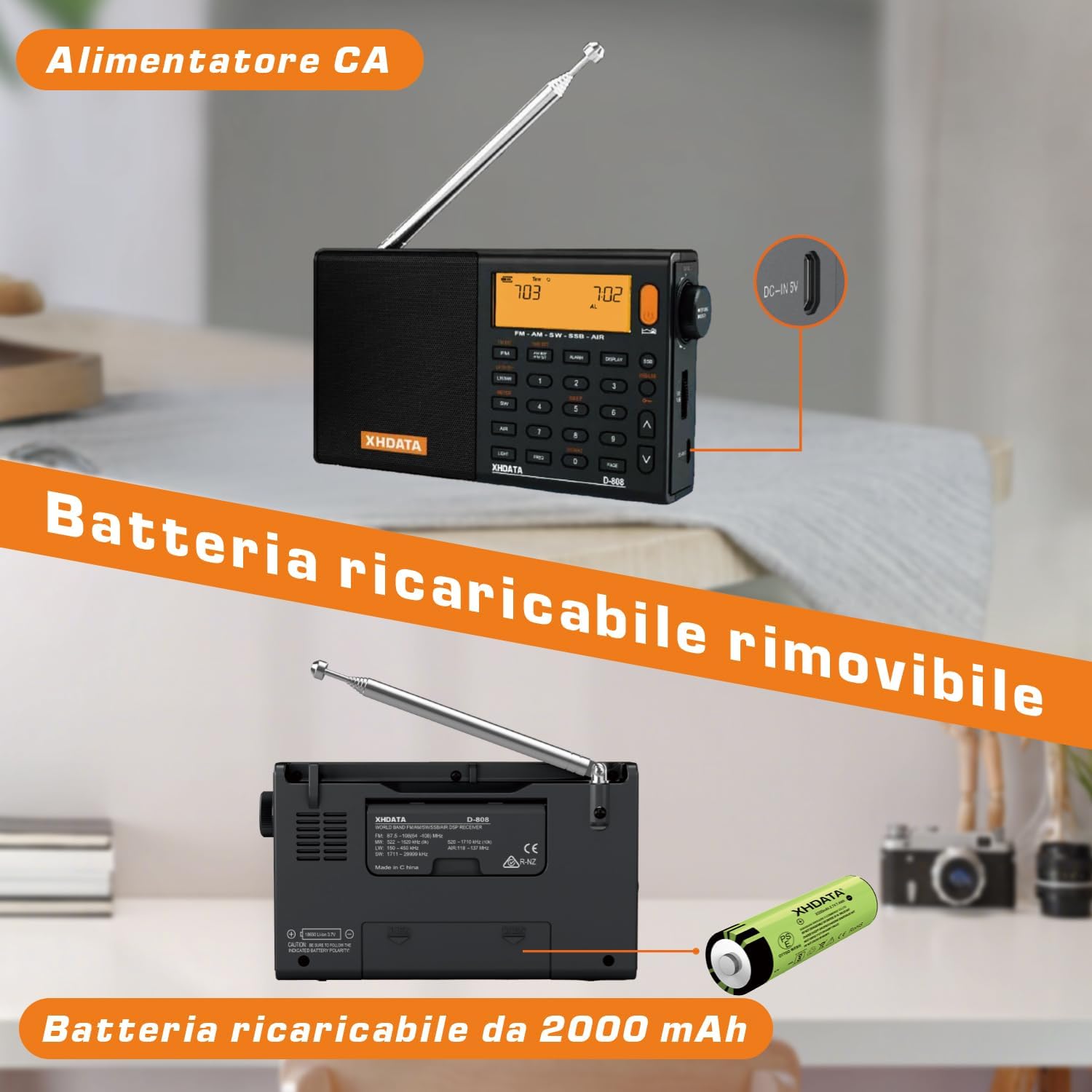 XHDATA D-808 Portable Digital Radio FM Stereo/SW/MW/LW SSB RDS Air Band Multi Band Radio Speaker with ATS, LCD Display, Sleep Timer, Alarm Clock, Black External Antenna Black