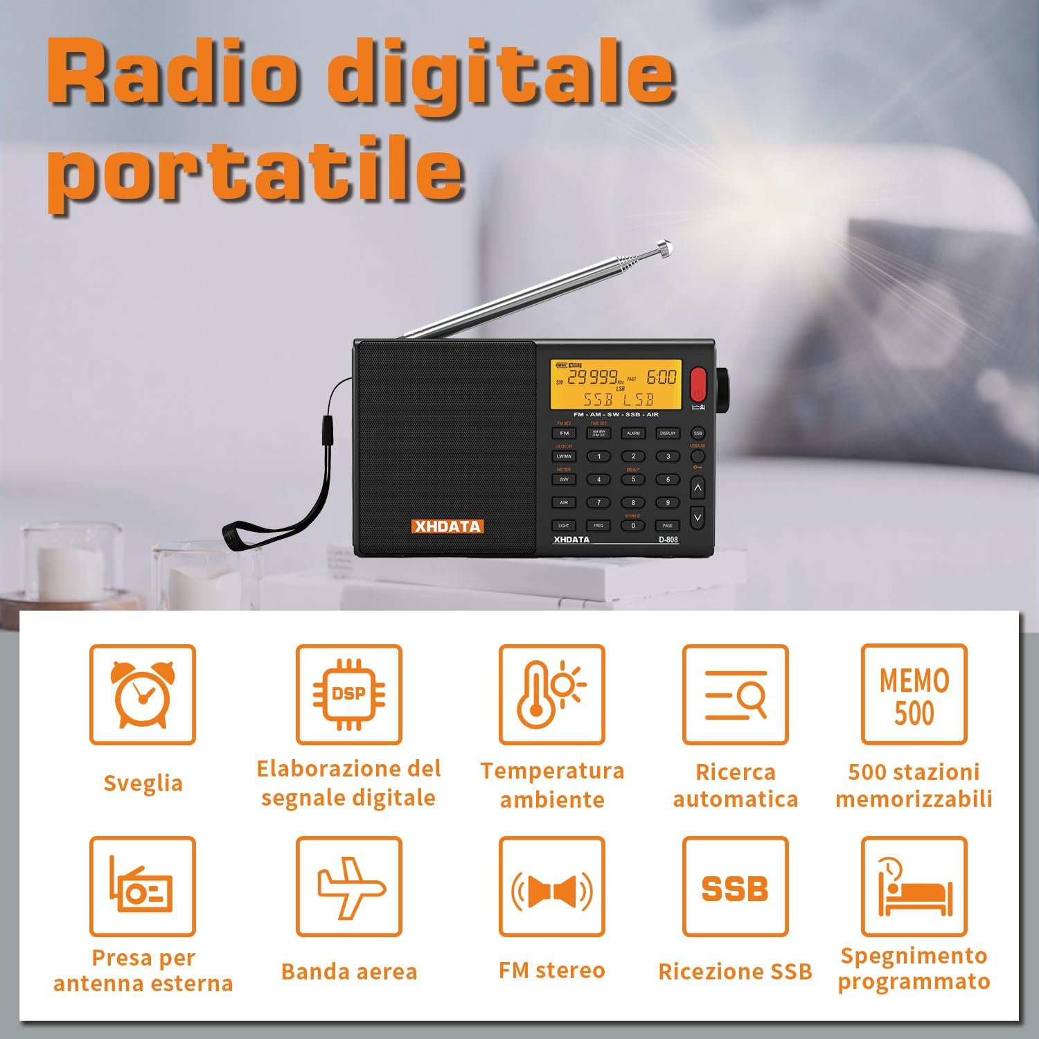 XHDATA D-808 Portable Digital Radio FM Stereo/SW/MW/LW SSB RDS Air Band Multi Band Radio Speaker with ATS, LCD Display, Sleep Timer, Alarm Clock, Black External Antenna Black