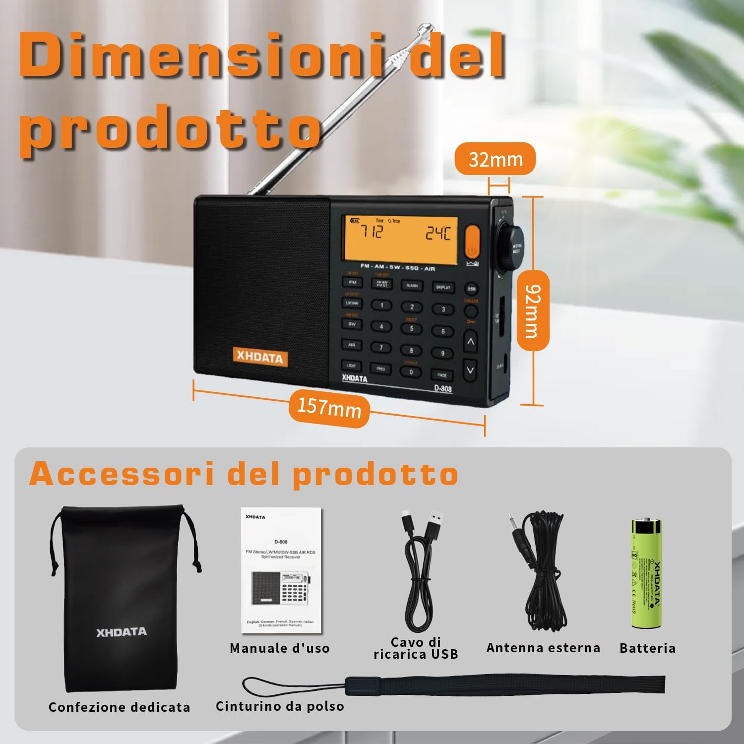 XHDATA D-808 Portable Digital Radio FM Stereo/SW/MW/LW SSB RDS Air Band Multi Band Radio Speaker with ATS, LCD Display, Sleep Timer, Alarm Clock, Black External Antenna Black