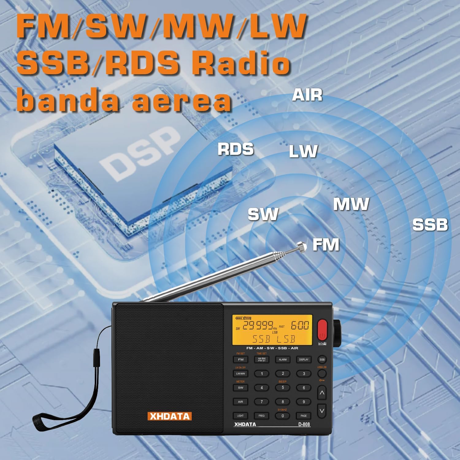 XHDATA D-808 Portable Digital Radio FM Stereo/SW/MW/LW SSB RDS Air Band Multi Band Radio Speaker with ATS, LCD Display, Sleep Timer, Alarm Clock, Black External Antenna Black