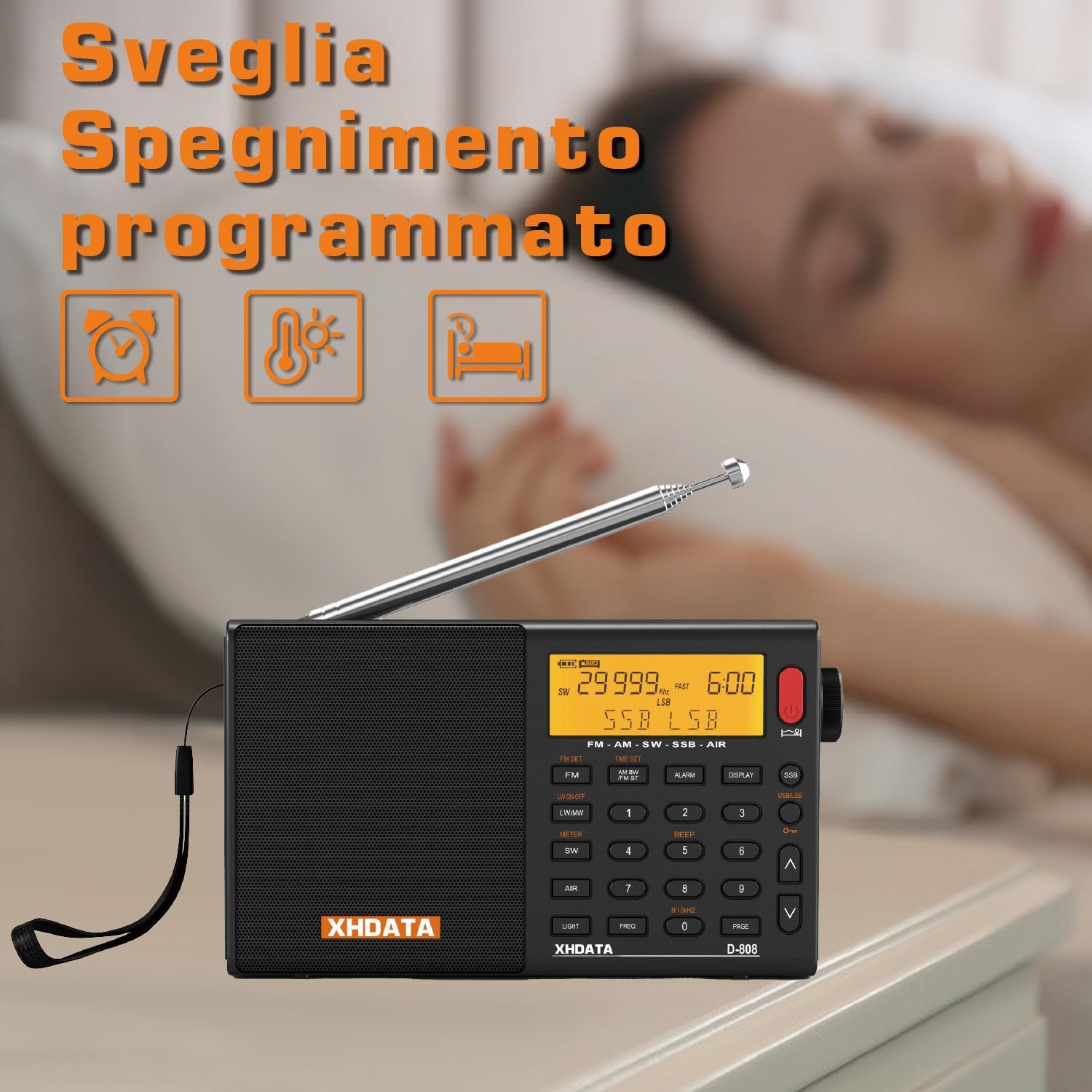 XHDATA D-808 Portable Digital Radio FM Stereo/SW/MW/LW SSB RDS Air Band Multi Band Radio Speaker with ATS, LCD Display, Sleep Timer, Alarm Clock, Black External Antenna Black