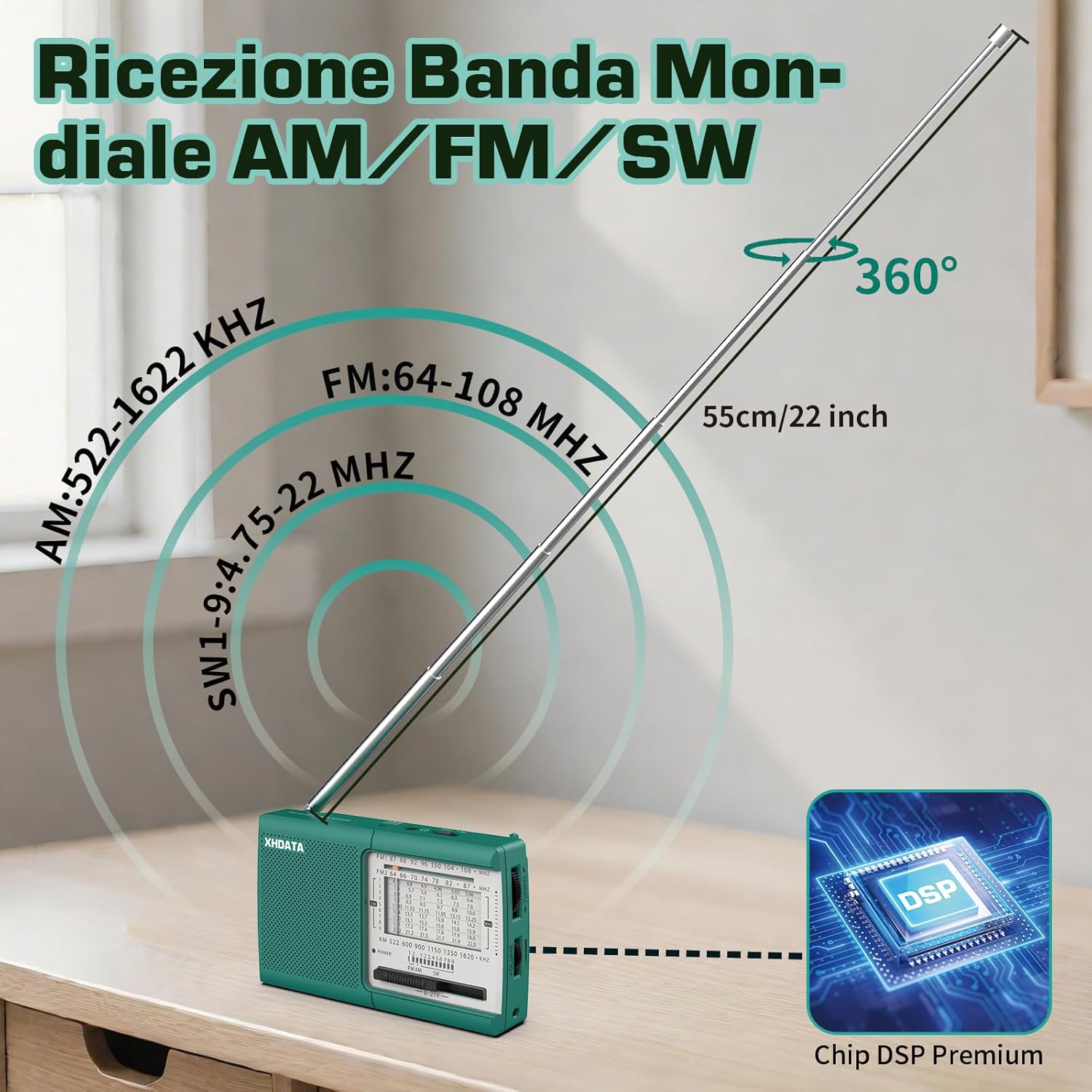 XHDATA D219 Portable Radio FM AM SW Vintage Radio for Home Camping HikingGreen Home Radio