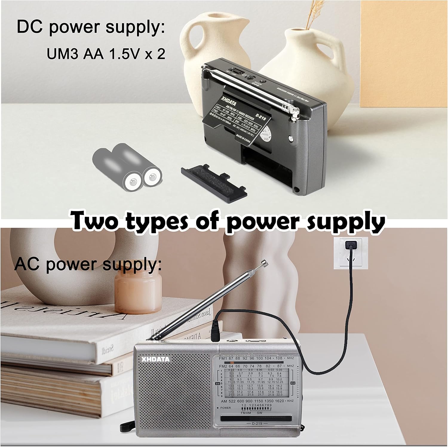 XHDATA D219 Portable Radio FM AM SWRadio Vintage Home Camping Hiking Radio Home Silver