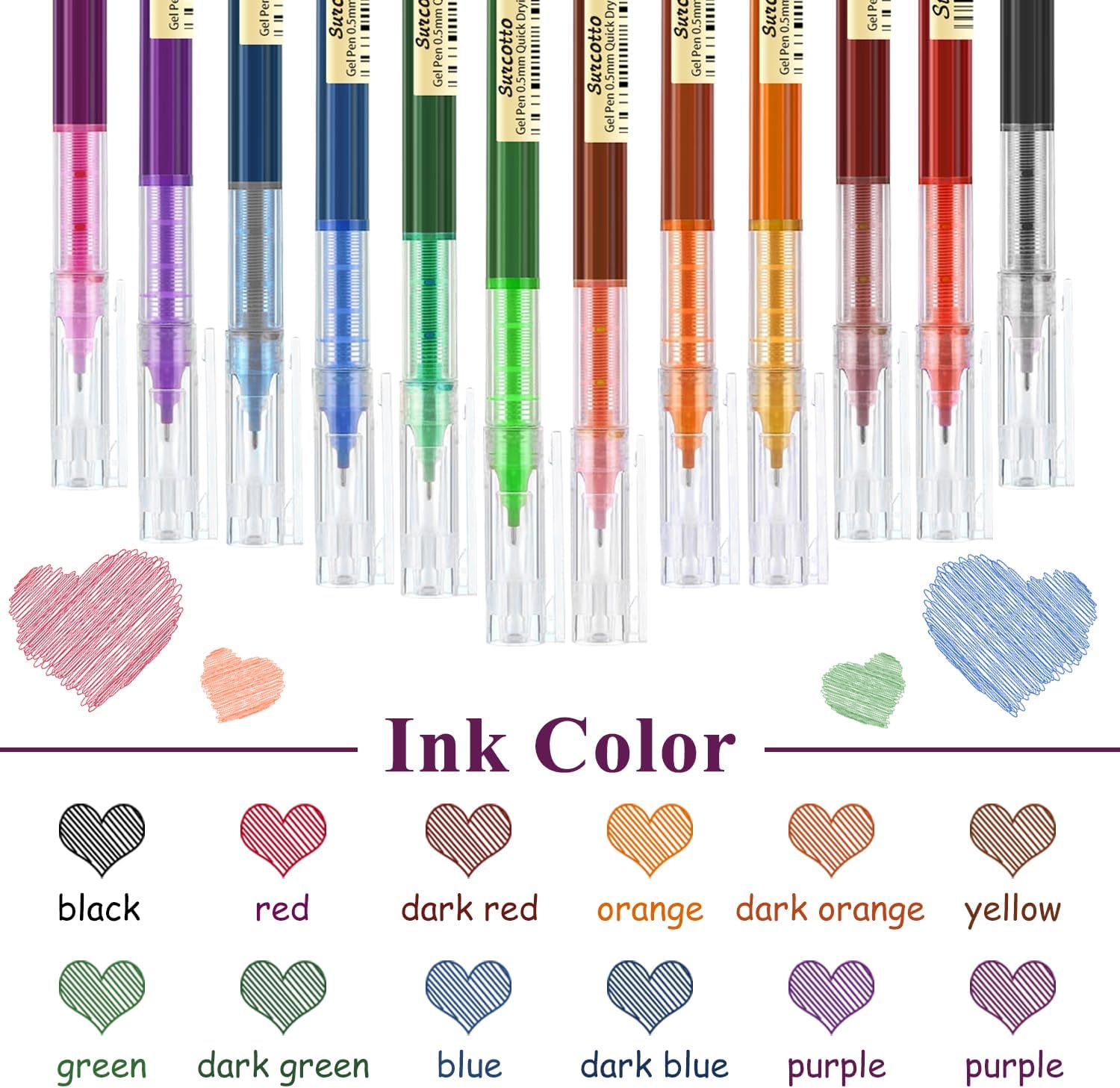 0.5mm Colored Gel Pens - Ultra Fast Drying, Waterproof for Writing, Drawing and Outlining - Multi-Colour, Pack of 12