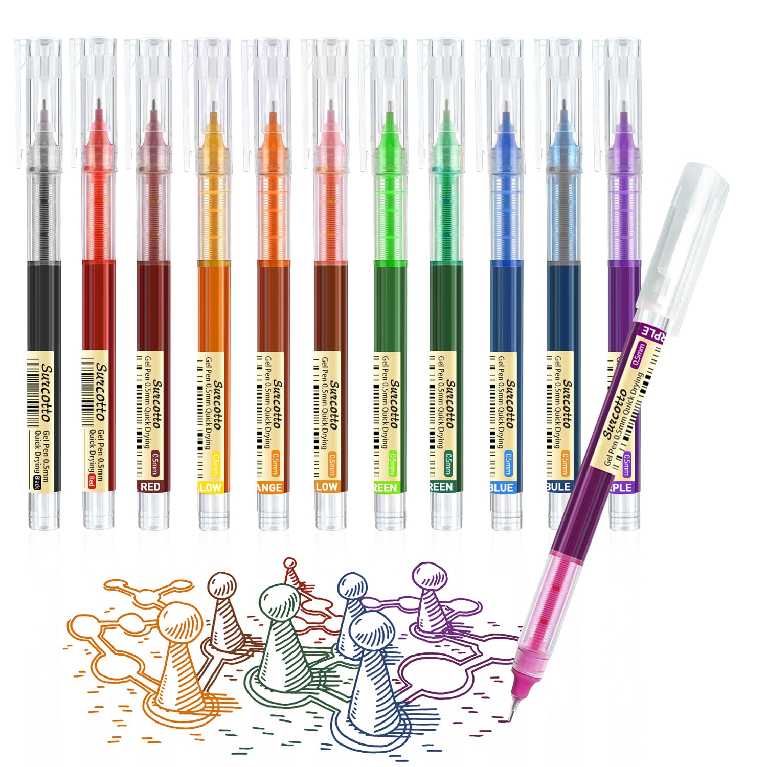 0.5mm Colored Gel Pens - Ultra Fast Drying, Waterproof for Writing, Drawing and Outlining - Multi-Colour, Pack of 12