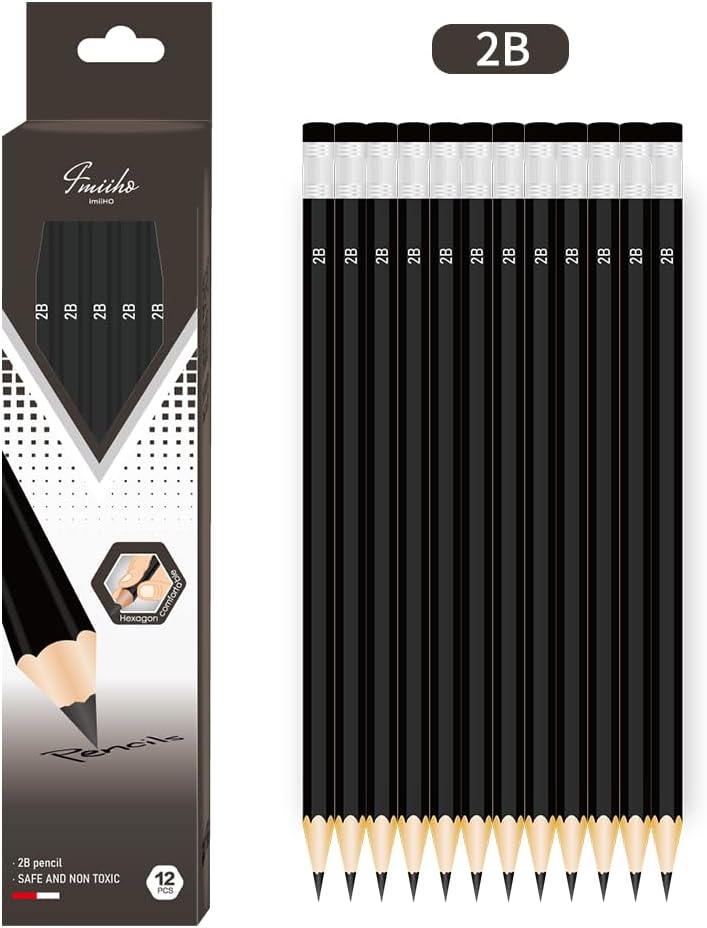 001 2B Pencils, Pack of 12, Wooden Pencils (2B)