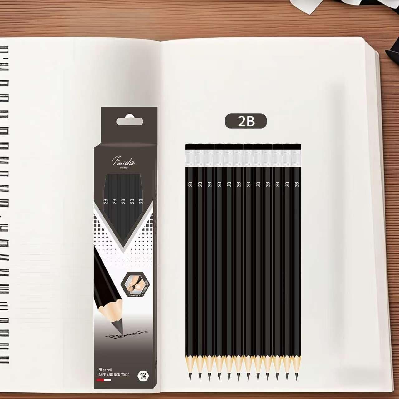 001 2B Pencils, Pack of 12, Wooden Pencils (2B)