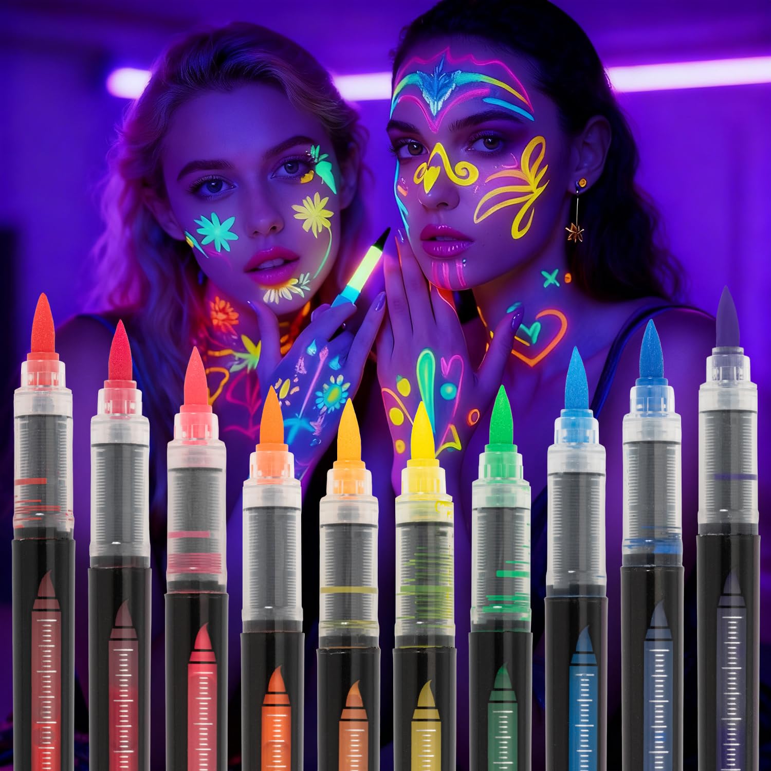 10PCS UV Halloween Body Painting Pens Fluorescent Colors Tattoo Markers Under UV Black Light Washable Neon Party Markers
