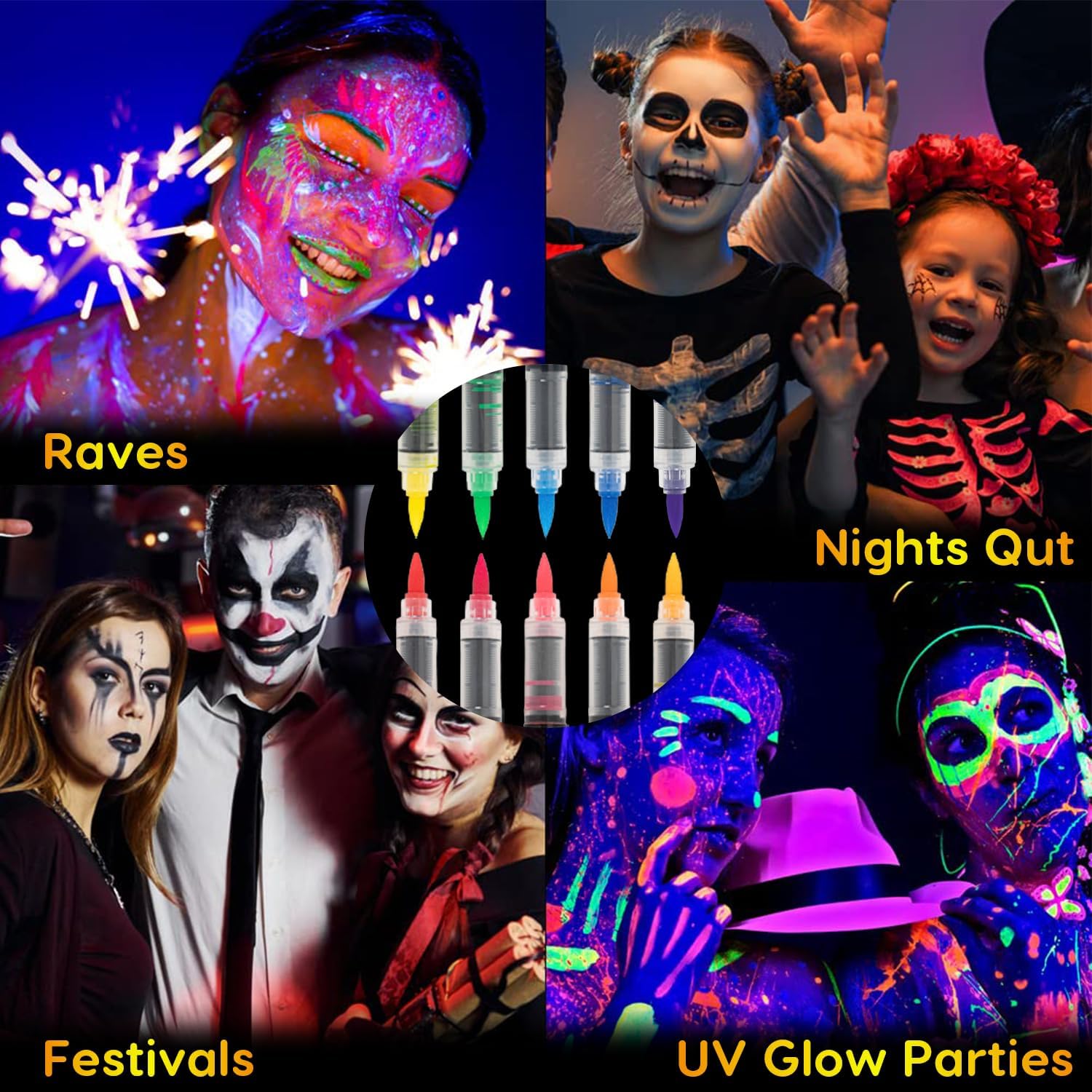 10PCS UV Halloween Body Painting Pens Fluorescent Colors Tattoo Markers Under UV Black Light Washable Neon Party Markers