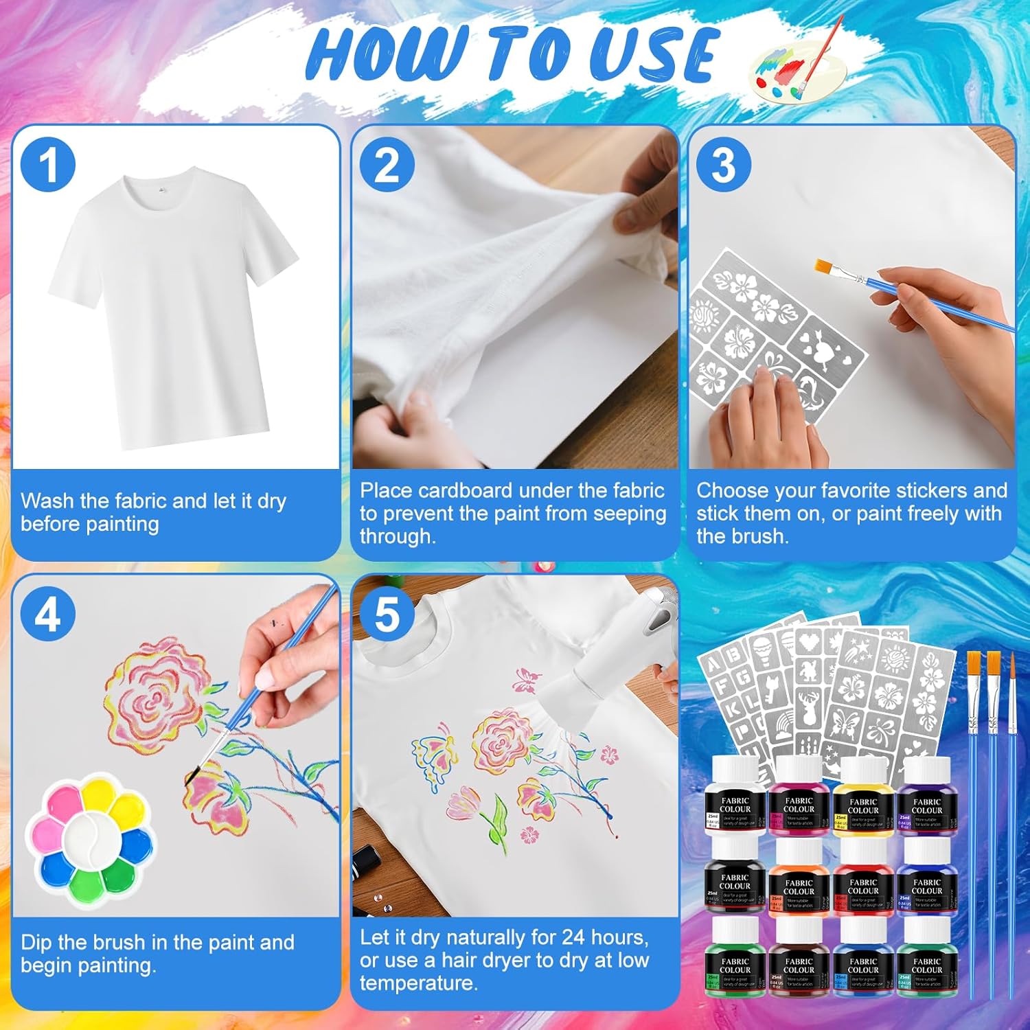 12 * 25ml Fabric Paint, Permanent Fabric Paint, Washable Fabric Paint, Fabric Paint, Can Be Used to Paint Clothes Shoes Canvas Bags, with Adhesive Pattern