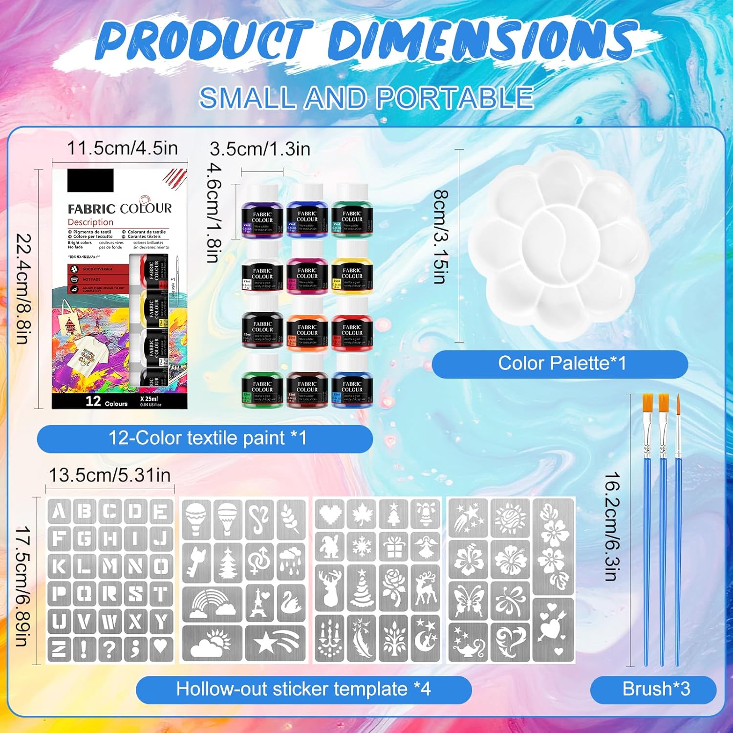 12 * 25ml Fabric Paint, Permanent Fabric Paint, Washable Fabric Paint, Fabric Paint, Can Be Used to Paint Clothes Shoes Canvas Bags, with Adhesive Pattern