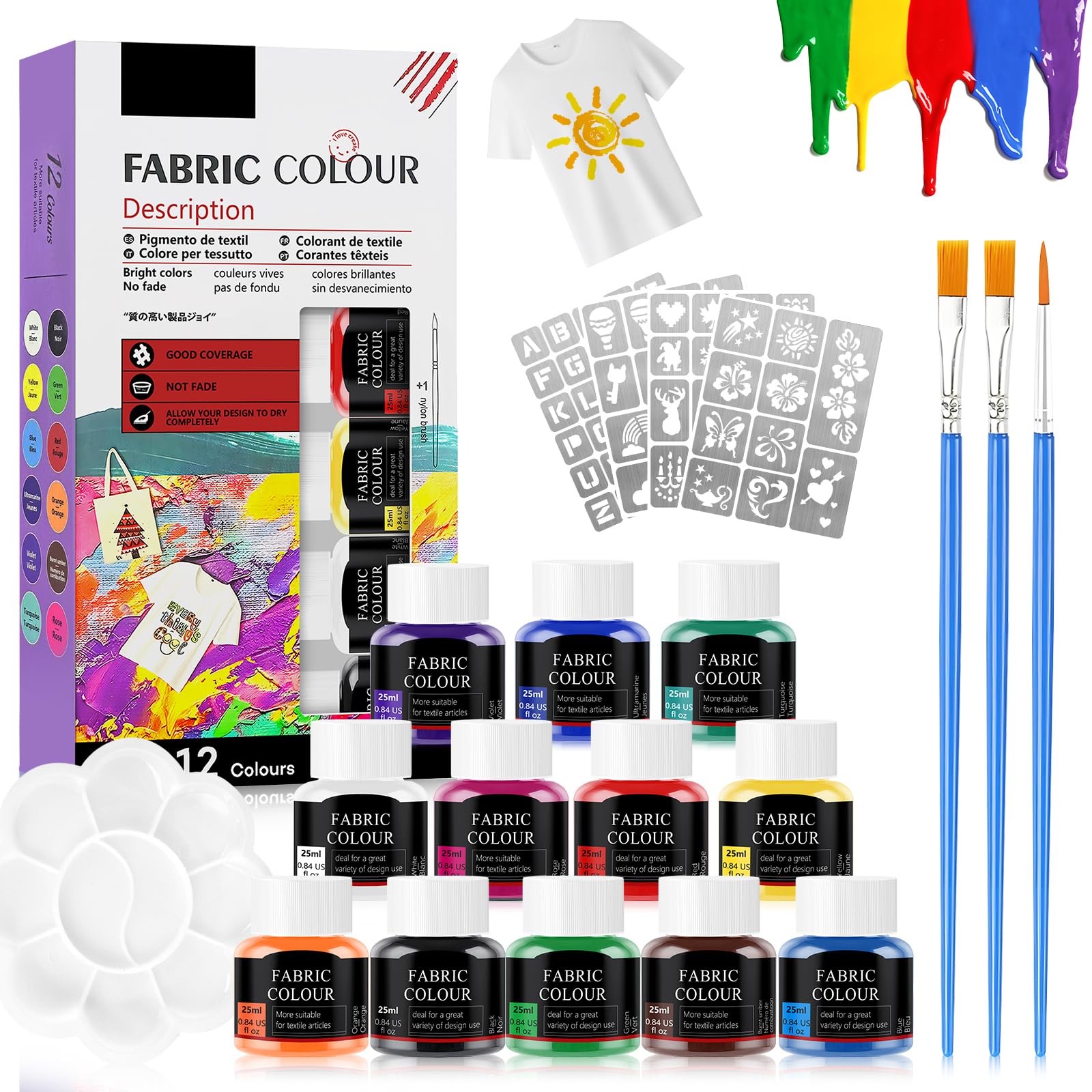 12 * 25ml Fabric Paint, Permanent Fabric Paint, Washable Fabric Paint, Fabric Paint, Can Be Used to Paint Clothes Shoes Canvas Bags, with Adhesive Pattern