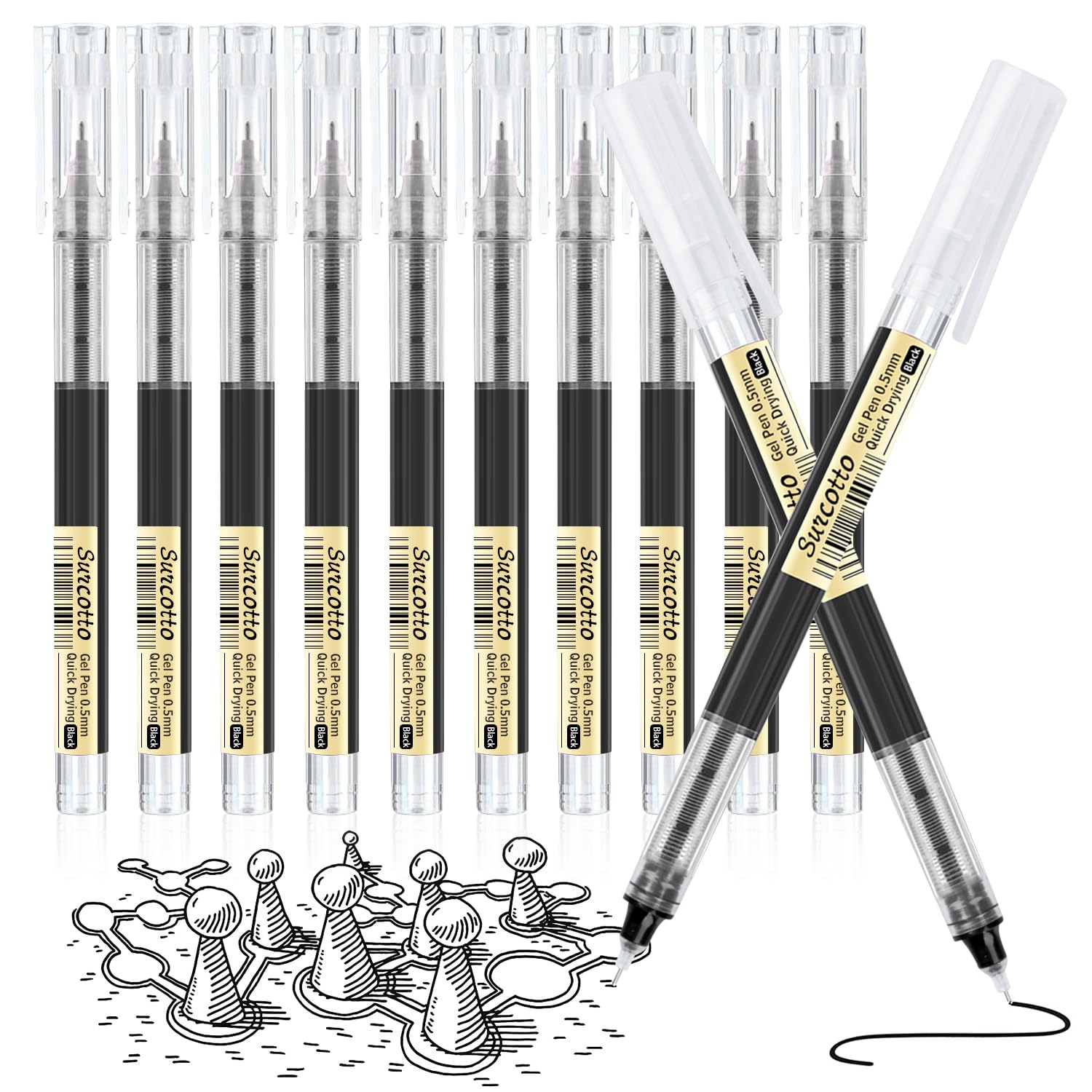 12 Black Gel Pens 0.5 mm, Ultra Fast Drying for Writing, Drawing and Outlining - for Students, Office Workers Black