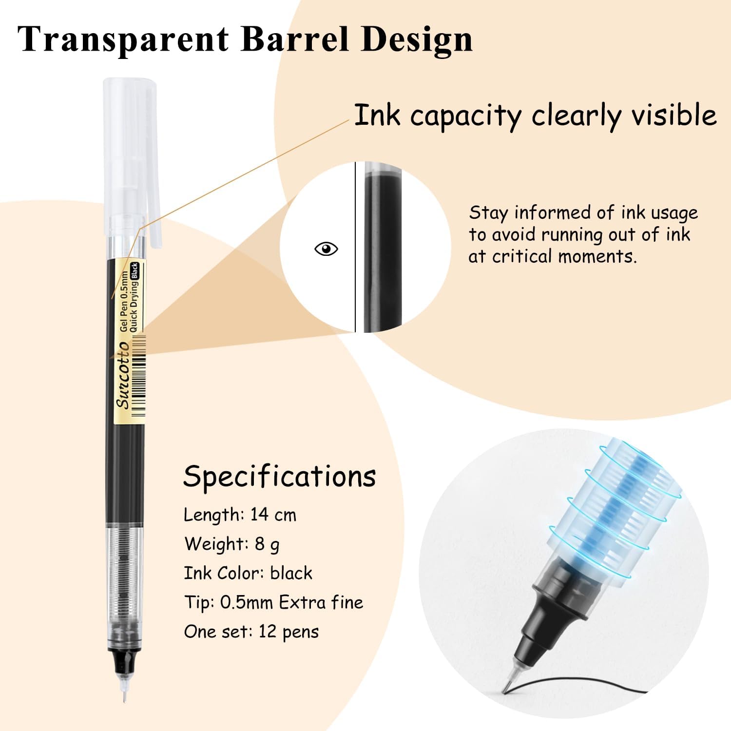 12 Black Gel Pens 0.5 mm, Ultra Fast Drying for Writing, Drawing and Outlining - for Students, Office Workers Black