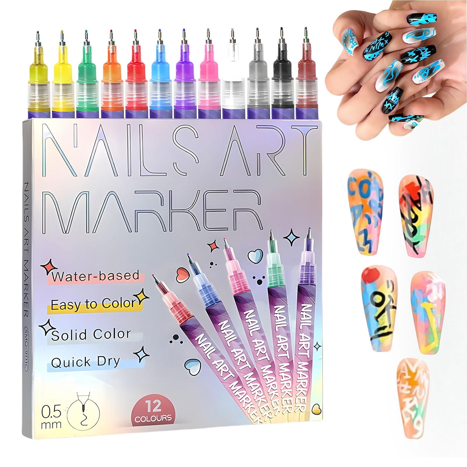 12 Colors Nail Art Pens Set, 2025 DIY Nail Art Marker Drawing Painting Liner Pen,Acrylic Paint Pens,Graffiti Dotting Pen,Waterproof and Quick-drying Nail for DIY Nails