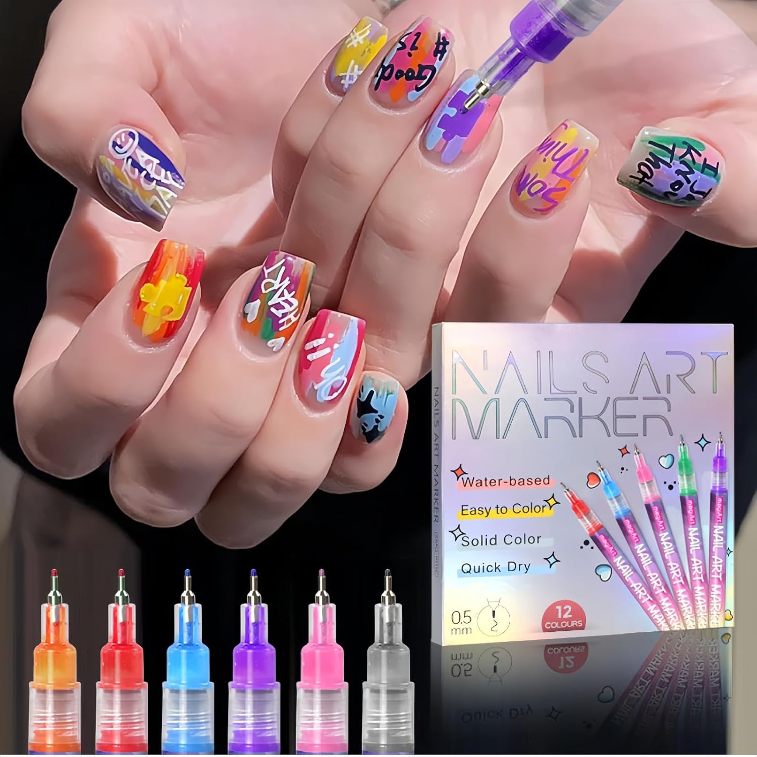 12 Colors Nail Art Pens Set, 2025 DIY Nail Art Marker Drawing Painting Liner Pen,Acrylic Paint Pens,Graffiti Dotting Pen,Waterproof and Quick-drying Nail for DIY Nails