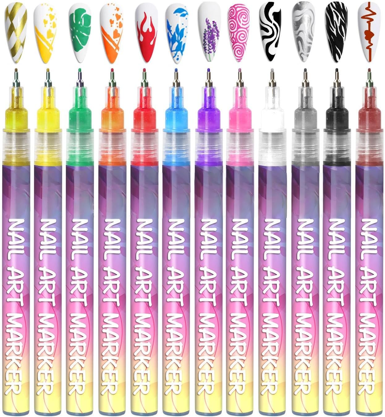 12 Colors Nail Art Pens Set, 2025 DIY Nail Art Marker Drawing Painting Liner Pen,Acrylic Paint Pens,Graffiti Dotting Pen,Waterproof and Quick-drying Nail for DIY Nails