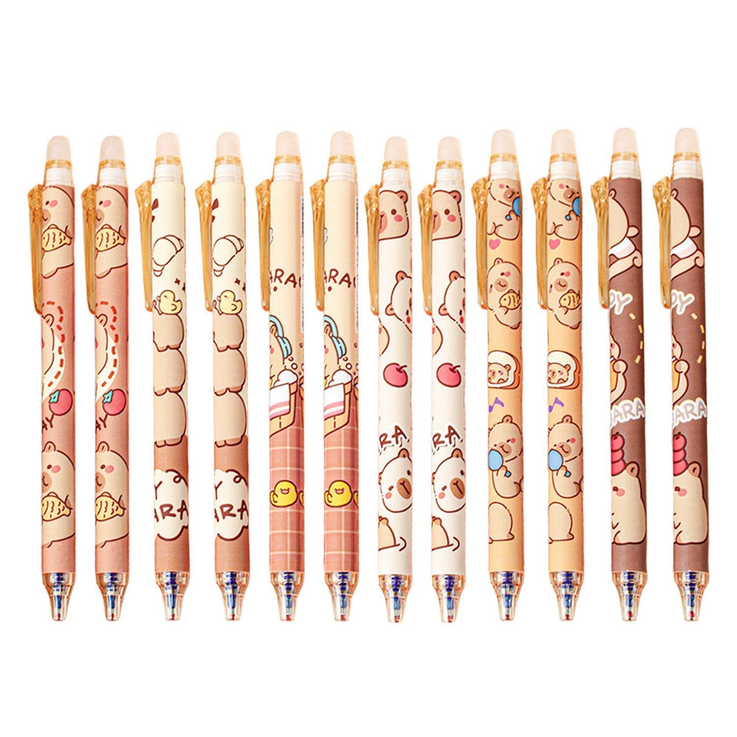 12 Erasable Capybara Cartoon Pens, Retractable Gel Pens, 0.5mm Creative Erasable Pens, Office and Learning Supplies, Student Stationery Set