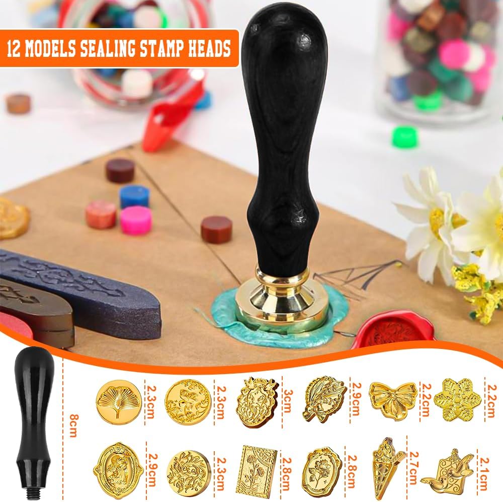 12 Pcs Sealing Wax Stamps with Wooden Handle, Wax Seal Stamp, Wax Seal Stamp 12 Different Patterns, Removable Sealing Wax Stamp Heads for Invitation Cards Gift Envelopes