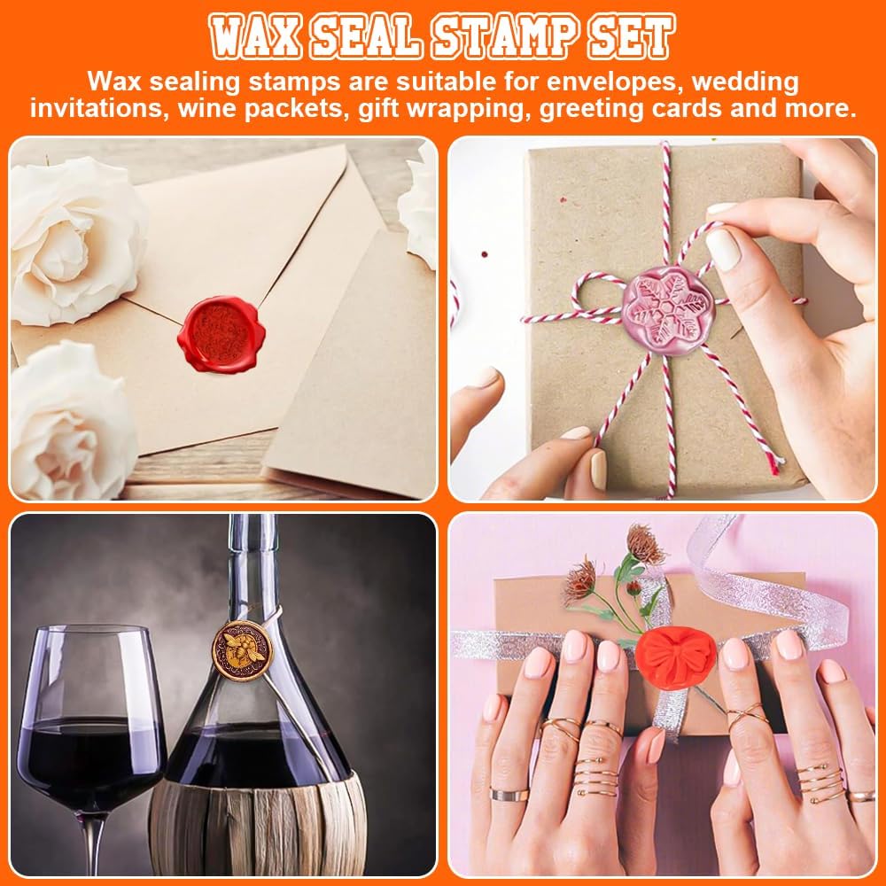12 Pcs Sealing Wax Stamps with Wooden Handle, Wax Seal Stamp, Wax Seal Stamp 12 Different Patterns, Removable Sealing Wax Stamp Heads for Invitation Cards Gift Envelopes
