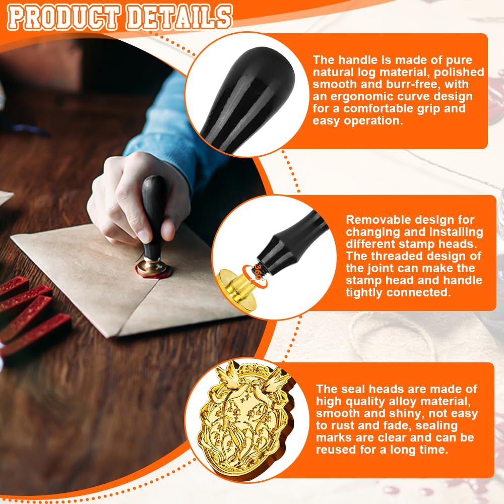 12 Pcs Sealing Wax Stamps with Wooden Handle, Wax Seal Stamp, Wax Seal Stamp 12 Different Patterns, Removable Sealing Wax Stamp Heads for Invitation Cards Gift Envelopes