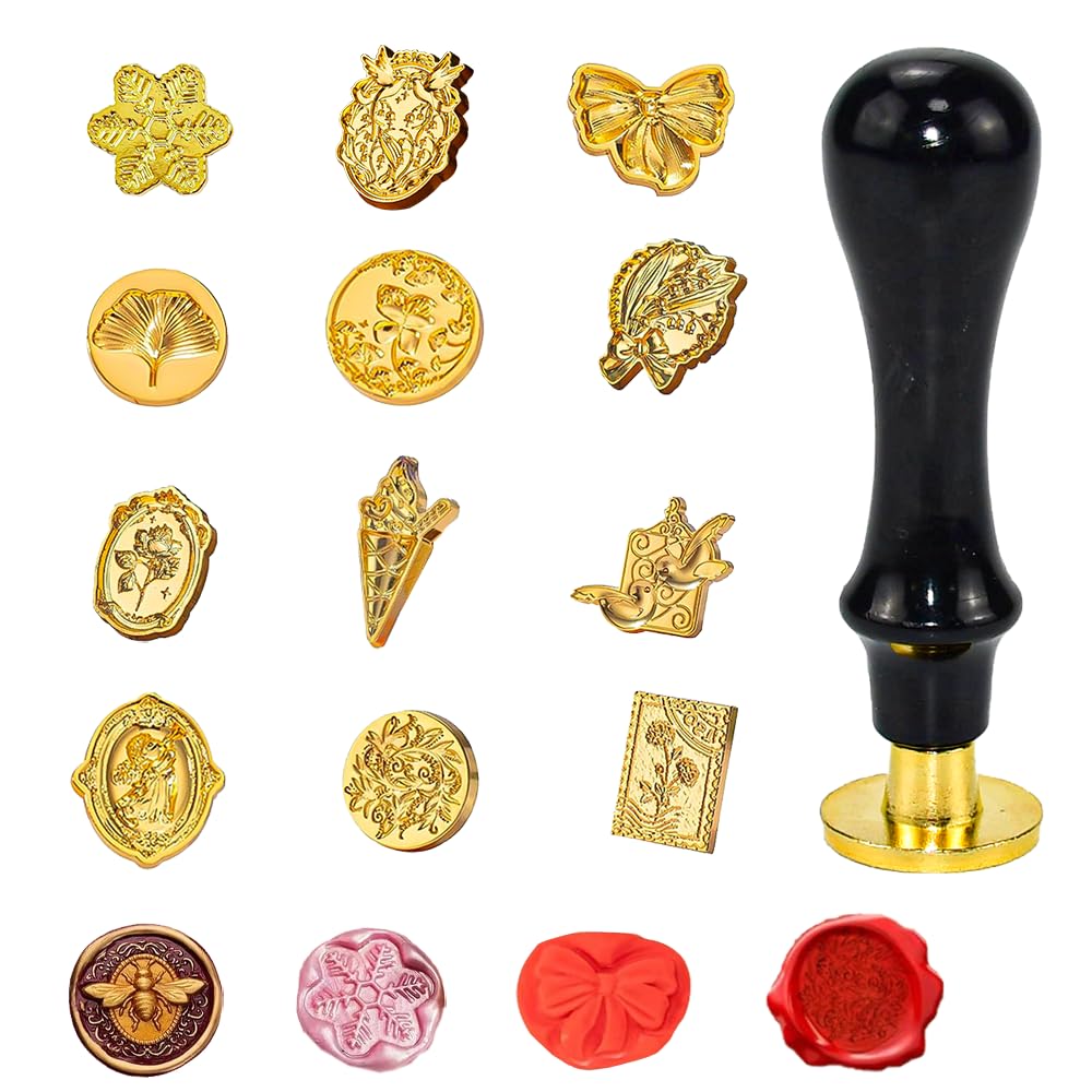 12 Pcs Sealing Wax Stamps with Wooden Handle, Wax Seal Stamp, Wax Seal Stamp 12 Different Patterns, Removable Sealing Wax Stamp Heads for Invitation Cards Gift Envelopes