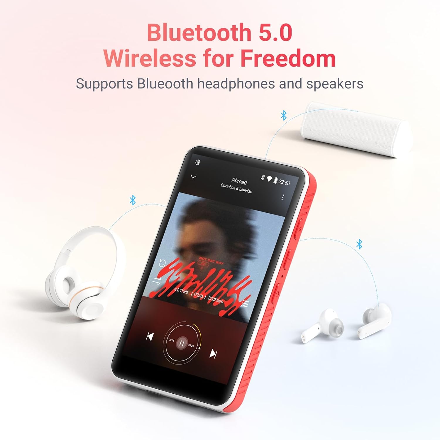 192GB MP3 Player with Bluetooth and WiFi, Android 13.0, RAM: 4GB, 4.0" HD Touch Screen MP4 Player with Speaker, Portable Spotify Player with Play Store 4 Inch Android 13.0 White + Red