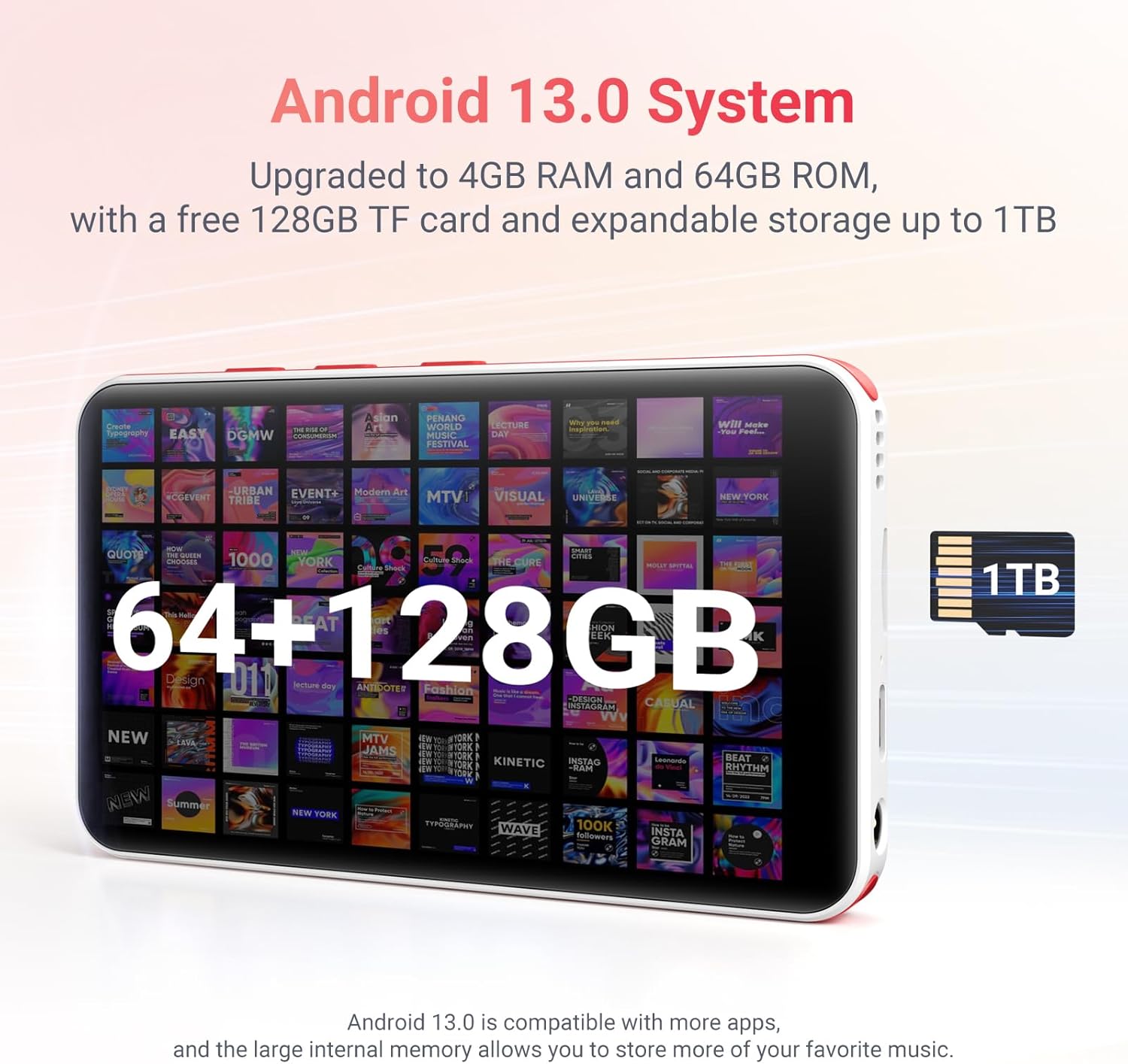 192GB MP3 Player with Bluetooth and WiFi, Android 13.0, RAM: 4GB, 4.0" HD Touch Screen MP4 Player with Speaker, Portable Spotify Player with Play Store 4 Inch Android 13.0 White + Red