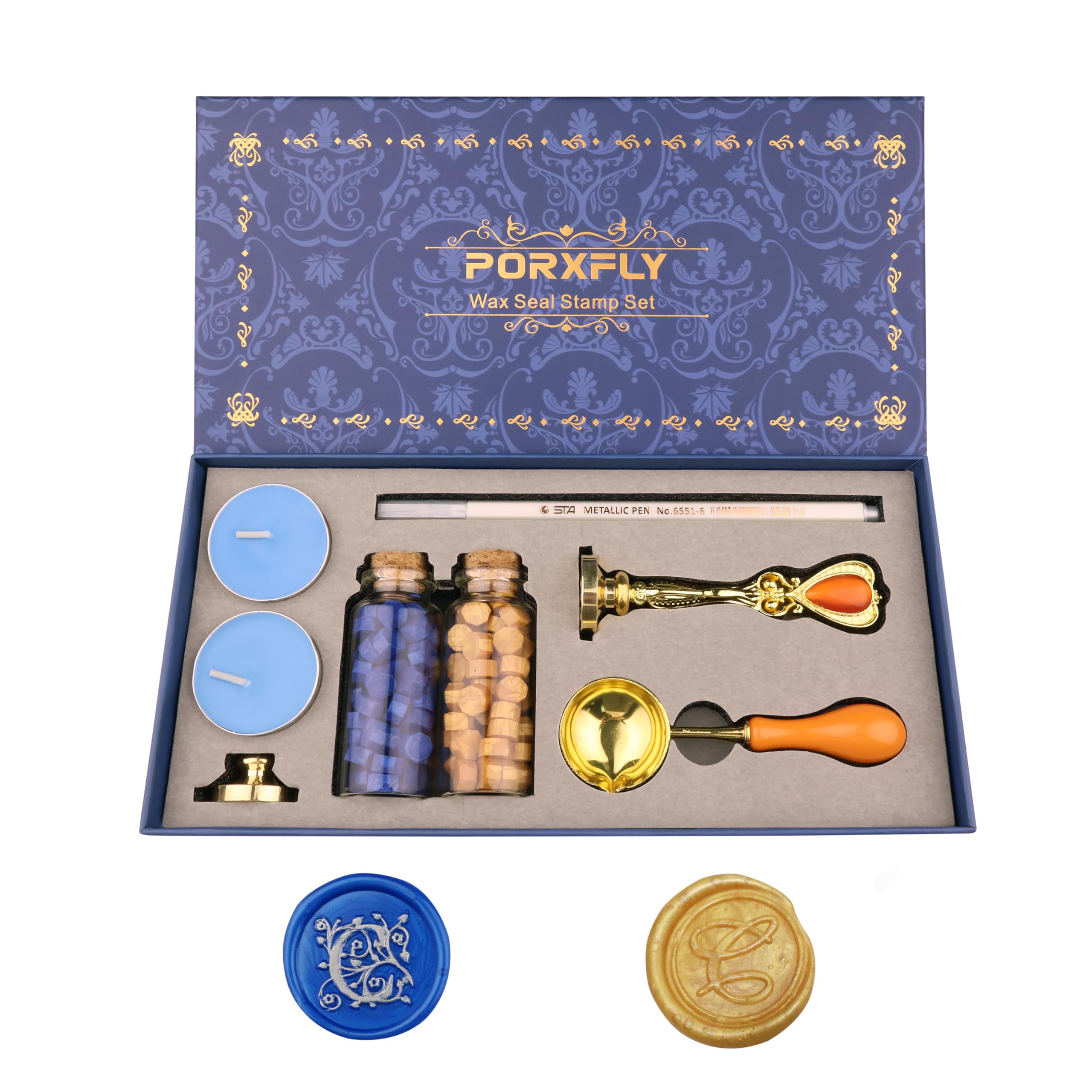 2 Pieces Letter C Wax Stamp Set, Initial Alphabet Wax Stamp Kit Vintage Gift Box, A to Z Letter Series Stamp for Wedding Invitations, Envelopes (C)