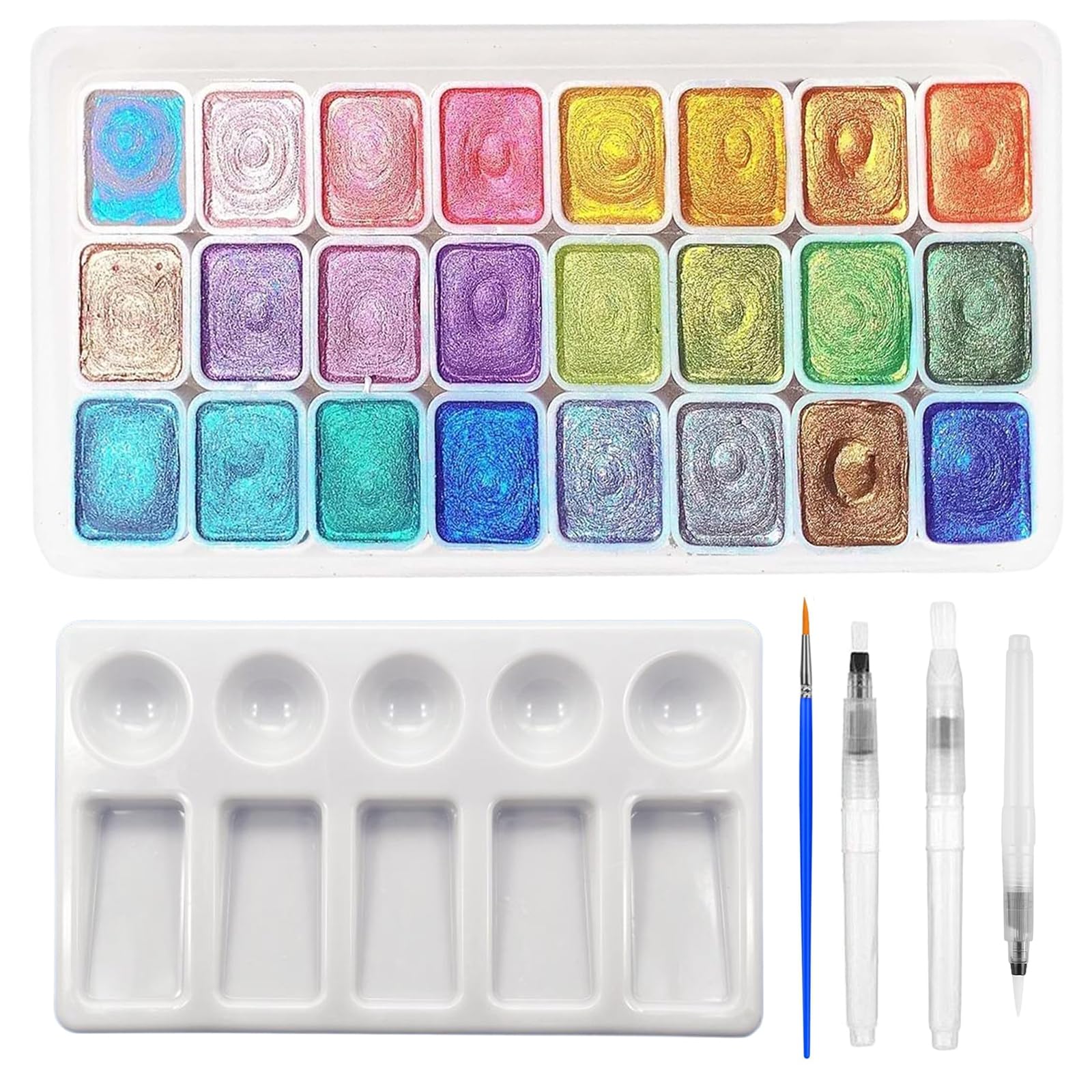 24 Pieces Watercolor, Glitter Watercolors, Solid Pearlescent Paint Set, Includes Pins and a Palette, For Artists and Hobby Painters