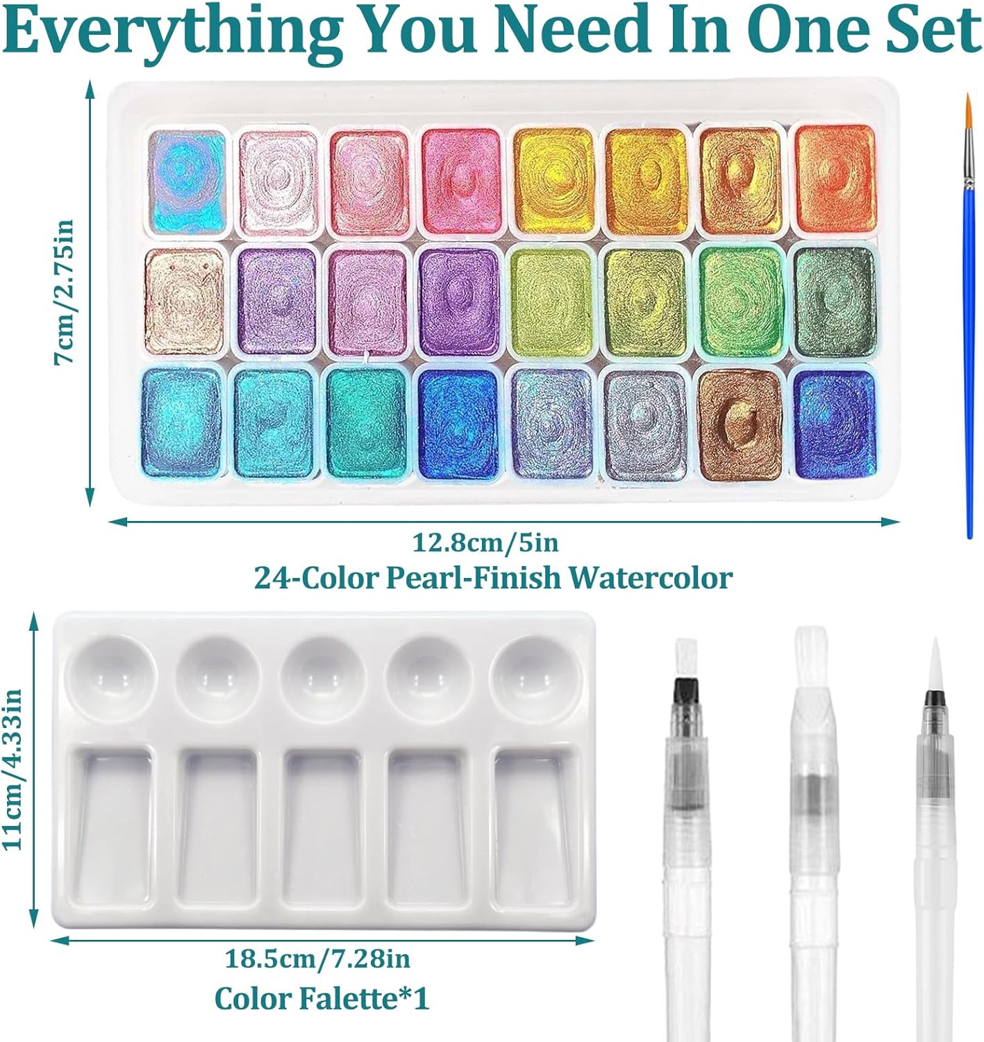 24 Pieces Watercolor, Glitter Watercolors, Solid Pearlescent Paint Set, Includes Pins and a Palette, For Artists and Hobby Painters