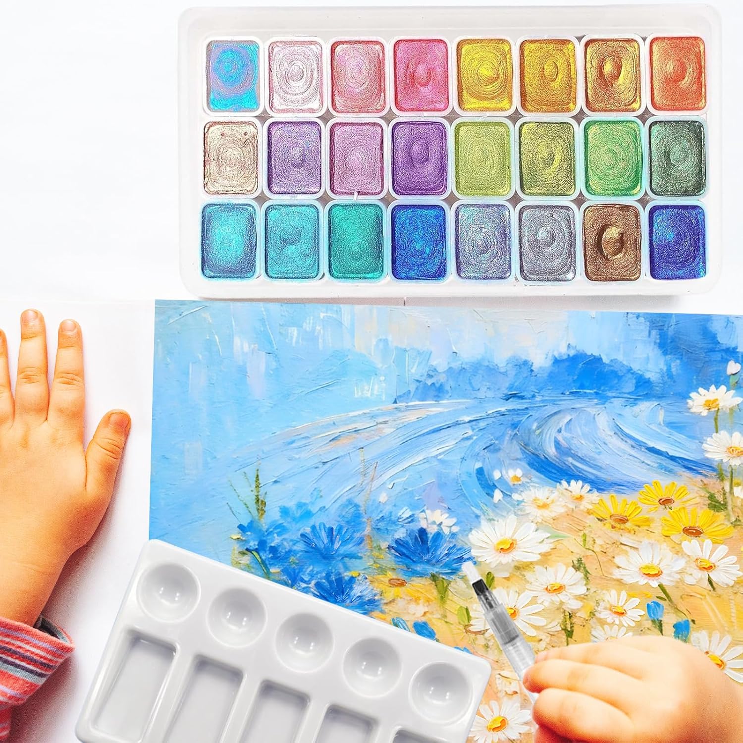 24 Pieces Watercolor, Glitter Watercolors, Solid Pearlescent Paint Set, Includes Pins and a Palette, For Artists and Hobby Painters