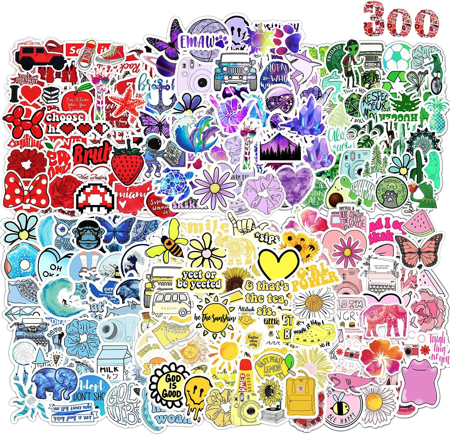 300 Pieces Cute Colorful Stickers, Waterproof Vinyl Stickers, Stickers for Scrapbooking Laptop Macbook Laptop Phone Bottle Skateboard Guitar Journal Suitcase Scooter etc