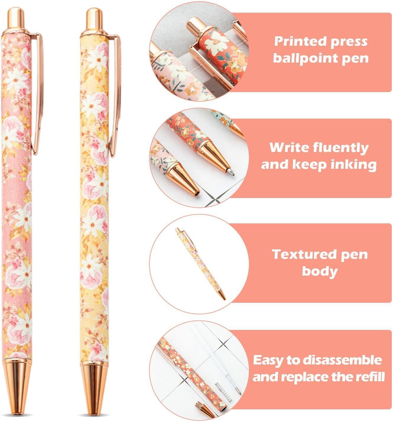 4 Floral Print Ballpoint Pens, Pretty Writing Tools for Learning and Office