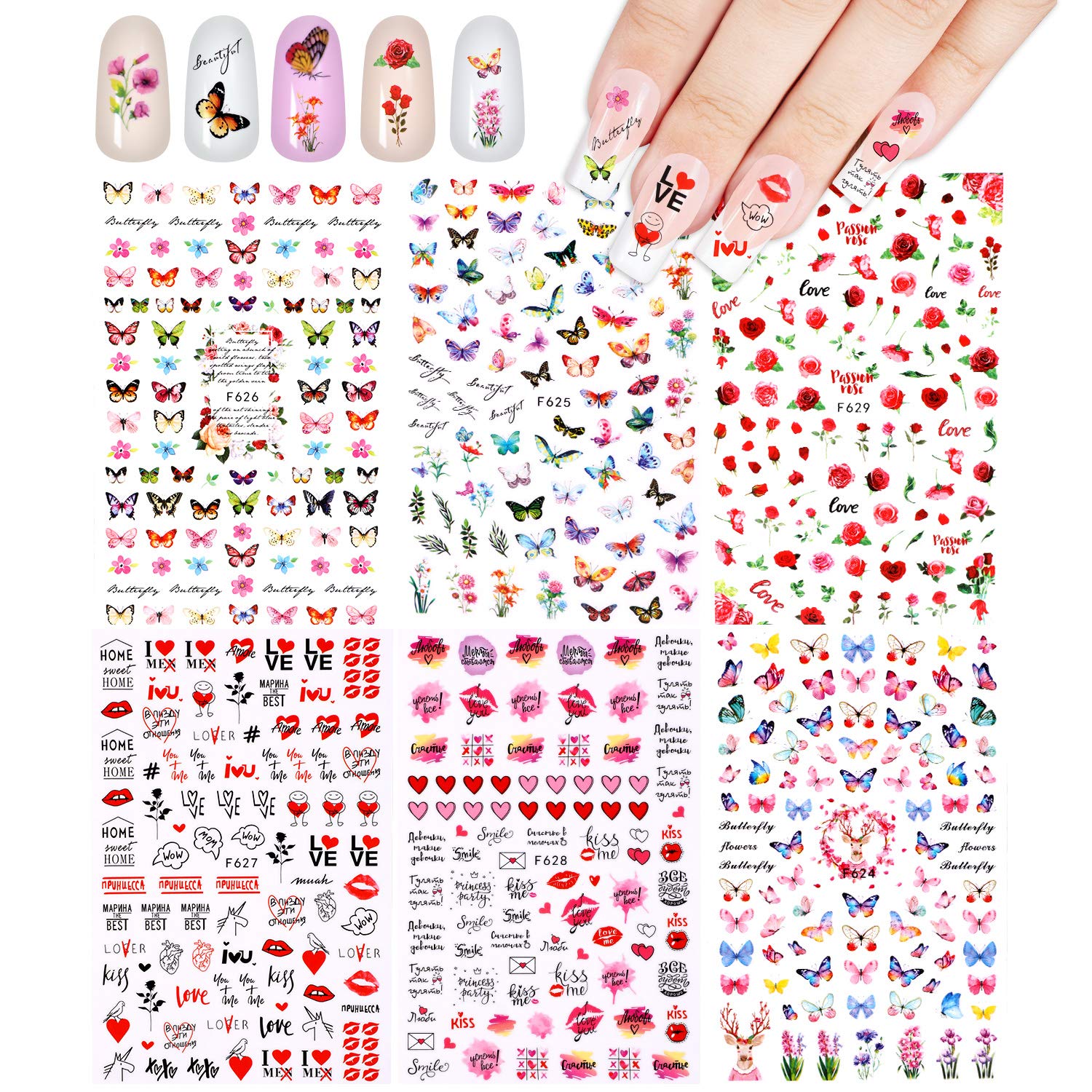 540+(6 Sheets) Flower Butterfly Nail Stickers Decals, VETPW 3D Self-Adhesive Nail Art Stickers Decals with Butterfly Rose Love Heart Lips Kiss Model for DIY Nails Decals