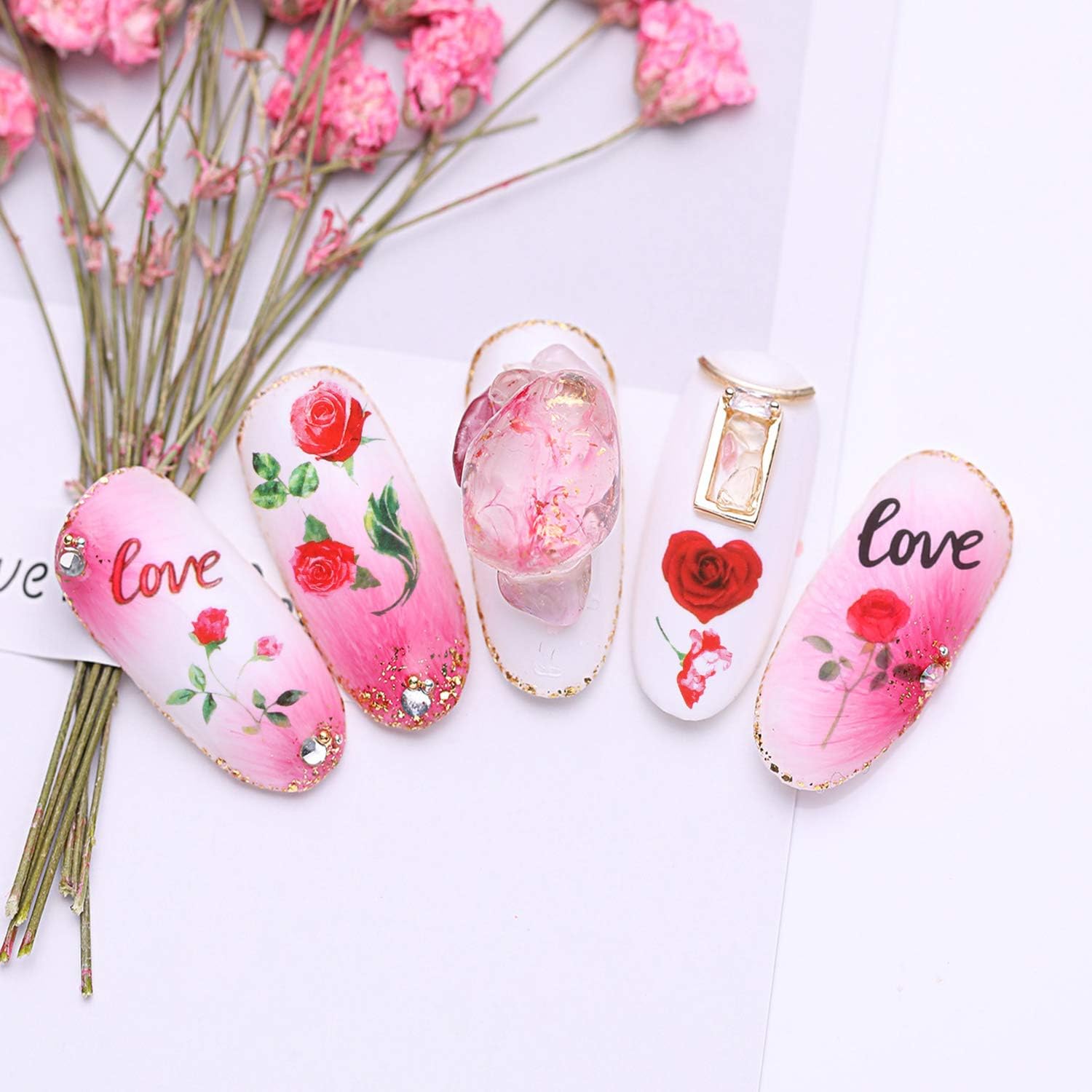 540+(6 Sheets) Flower Butterfly Nail Stickers Decals, VETPW 3D Self-Adhesive Nail Art Stickers Decals with Butterfly Rose Love Heart Lips Kiss Model for DIY Nails Decals