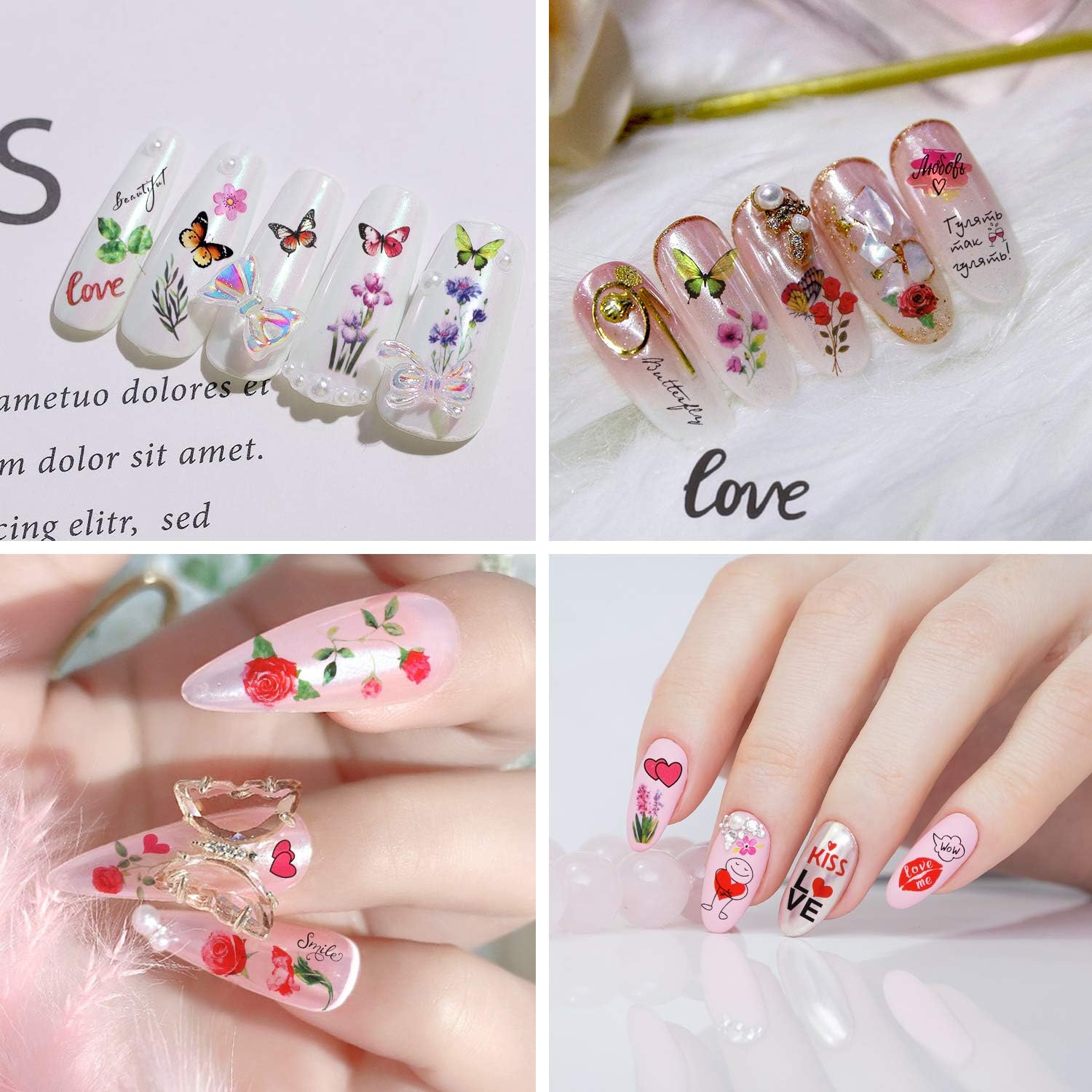 540+(6 Sheets) Flower Butterfly Nail Stickers Decals, VETPW 3D Self-Adhesive Nail Art Stickers Decals with Butterfly Rose Love Heart Lips Kiss Model for DIY Nails Decals