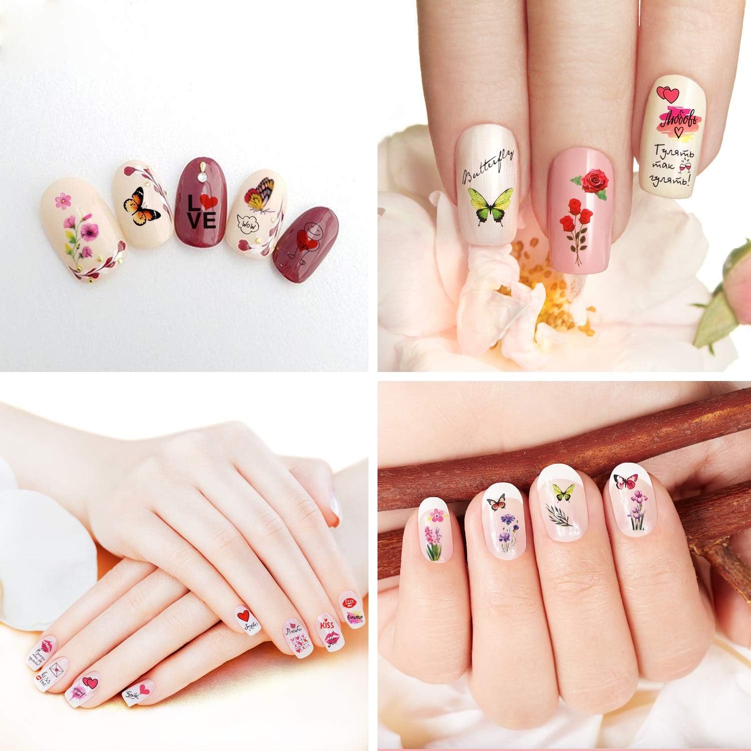 540+(6 Sheets) Flower Butterfly Nail Stickers Decals, VETPW 3D Self-Adhesive Nail Art Stickers Decals with Butterfly Rose Love Heart Lips Kiss Model for DIY Nails Decals